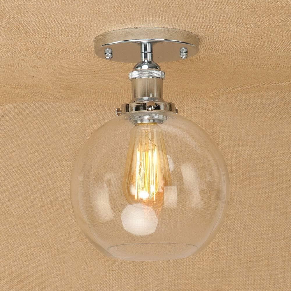 Vintage Glass Circle Shape Ceiling Lights Led E27 Ceiling Lamp Loft Iron Fixtures Home Lighting Plafonnier for Living Room (Color : Chrome)