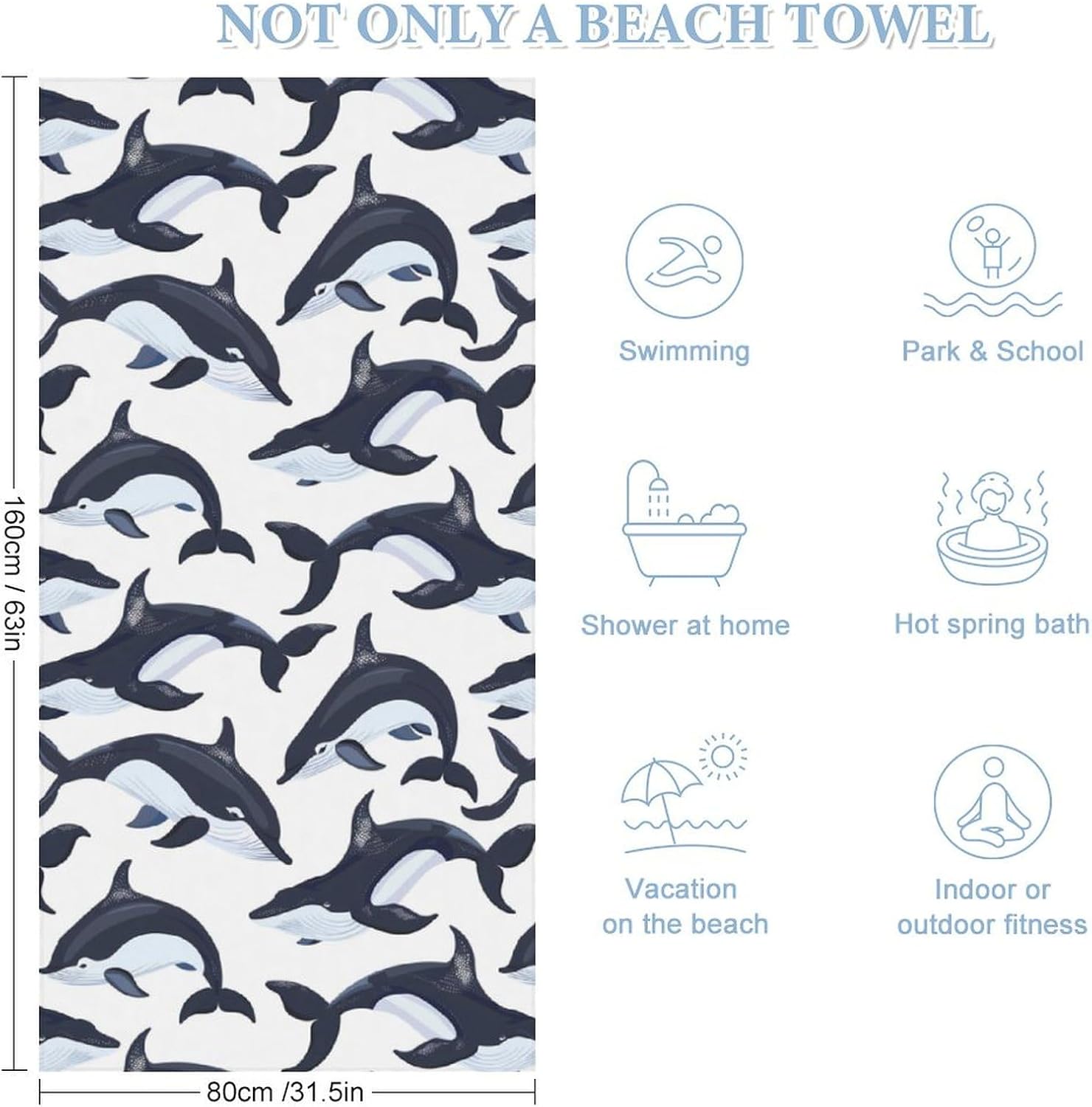 Orca Whale Bath Towel Beach Towels Quick Dry Oversized Bath Blanket Highly Absorbent Towel for Women Men 160x80cm