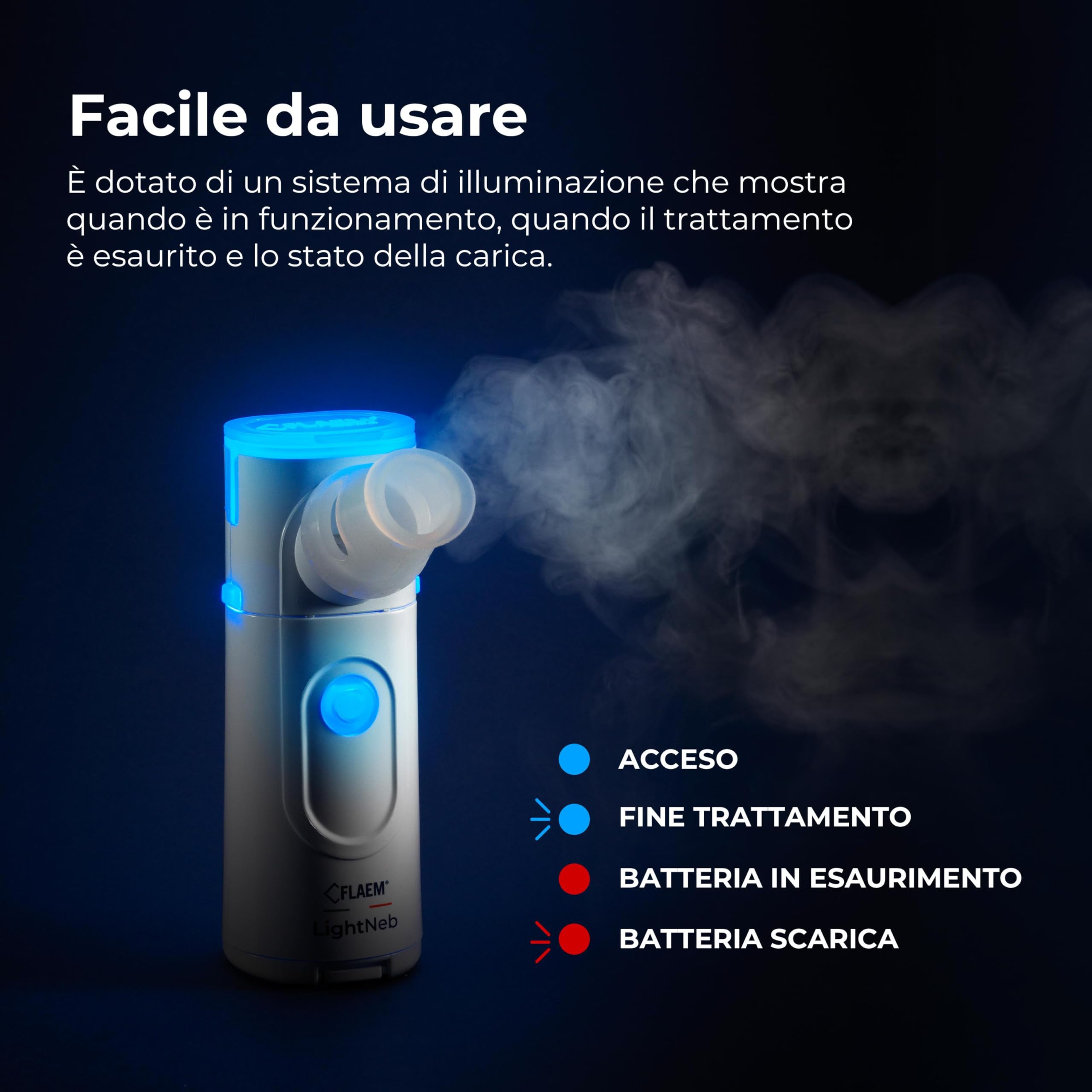 Flaem, Light Neb, Aerosol Portatile Silenzioso, Leggero, Ergonomico e Tascabile per le Basse Vie Respiratorie, Macchina Aerosol Adulti e Bambini Certificata con Mascherine Soft Touch, Made in Italy