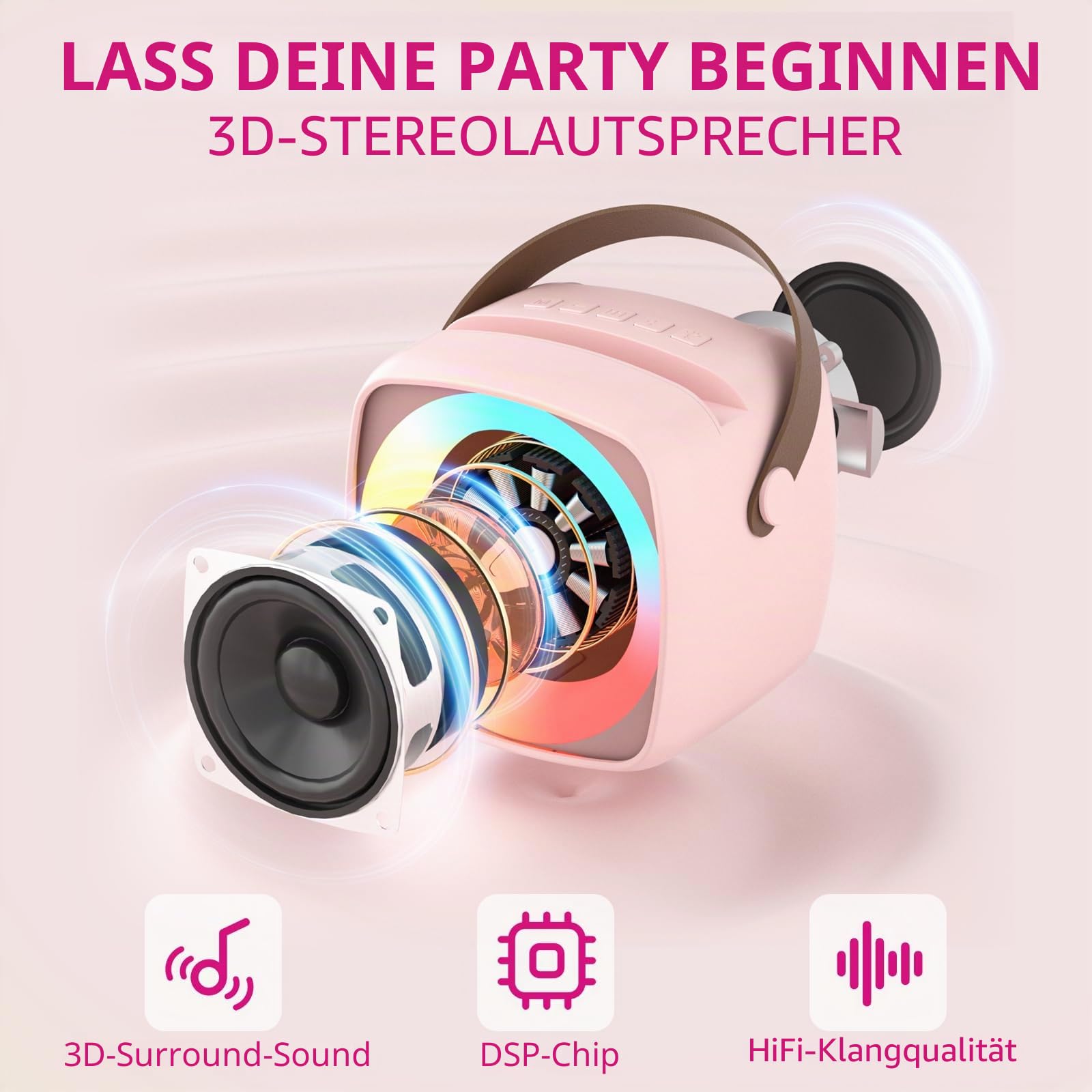 Karaoke Maschine 2 Mikrofone für Jungen Mädchen, tragbare Bluetooth-Lautsprecher mit dynamischen Lichtern für Kinder Erwachsene Mini Voice Changer Mikrofon Lautsprecher Set mit Telefonhalter