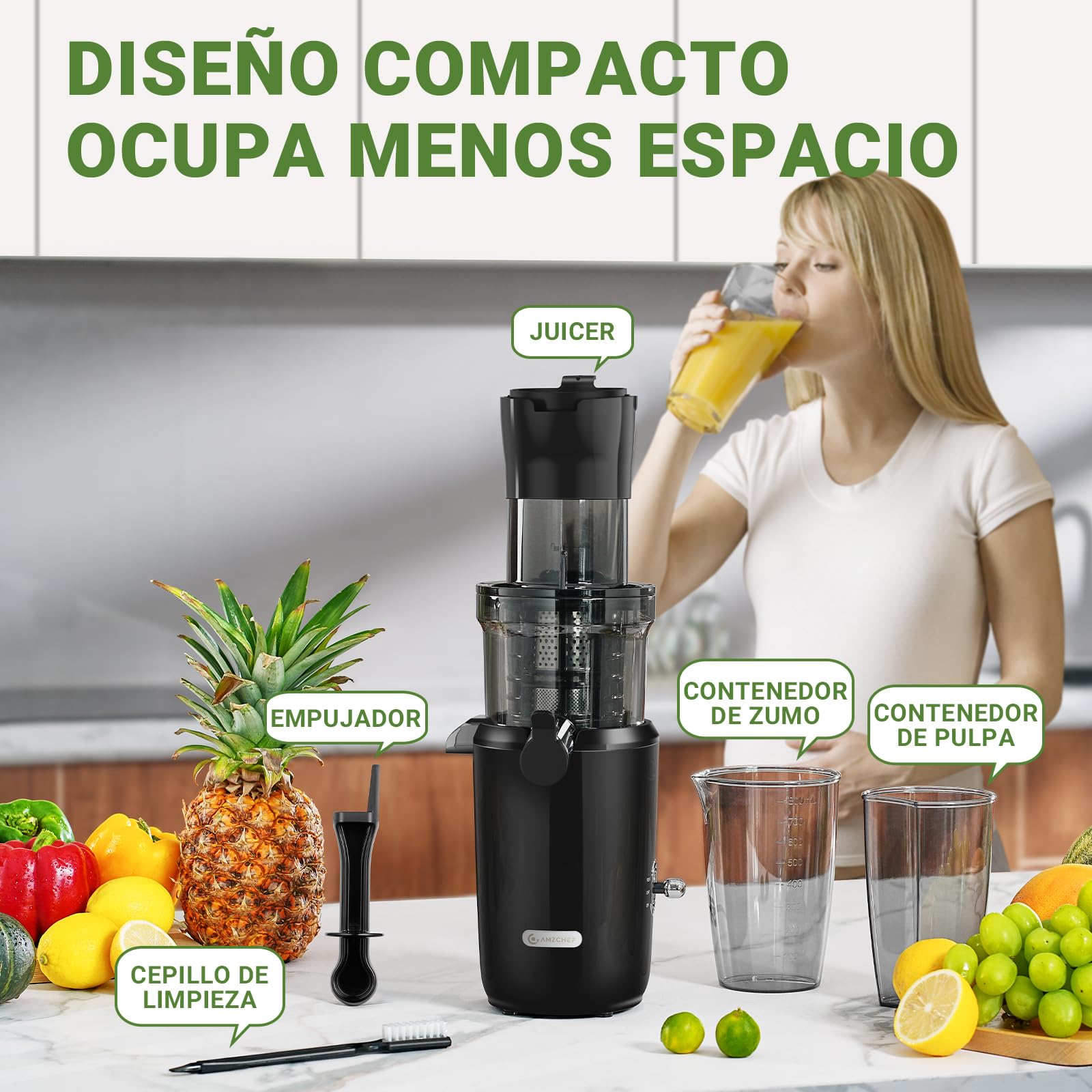 AMZCHEF Licuadora Para Verduras y Frutas Enteras - 200W Extractor De Zumos y Verdura - Licuadora Prensado En Frío Con La Mejora De Barrena, Filtro De Doble Capa, 2 Tazas, Motor Silencioso - Negro