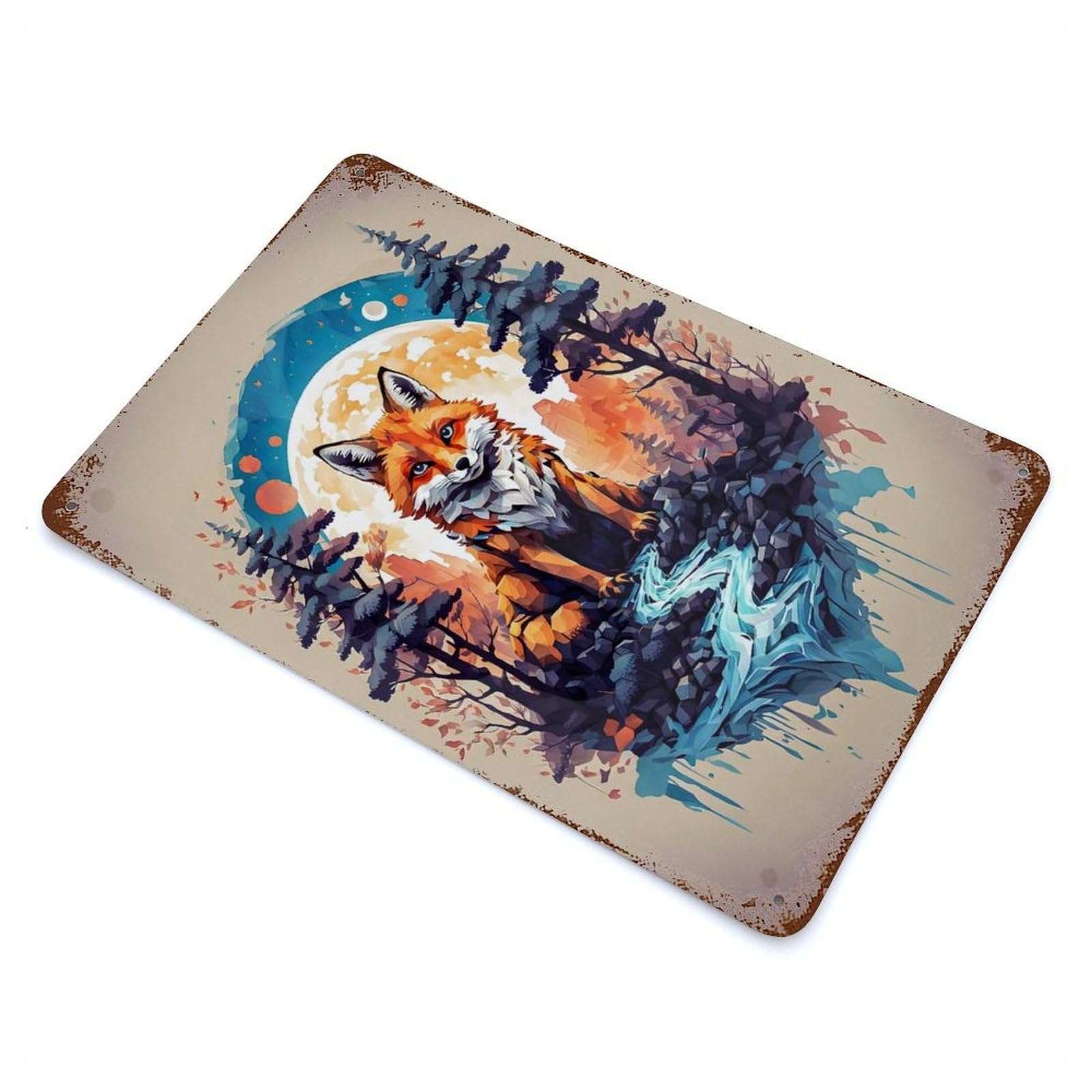 Distressed Metal Wall Sign with Fox Vintage Design 11.8"x7.9", for Living Room, Hallway And Home Decor, Vintage Wall Decor