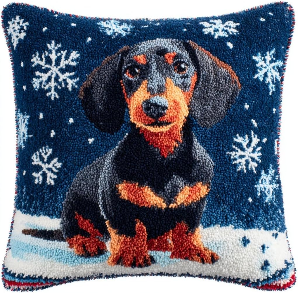 Latch Hook Kit Pillow Christmas Dachshund Dog with Pre-Printed Pillow Cover DIY Pillowcase Crochet Yarn Hooking Craft Set for Hobby and Home Decor 43x43cm-12