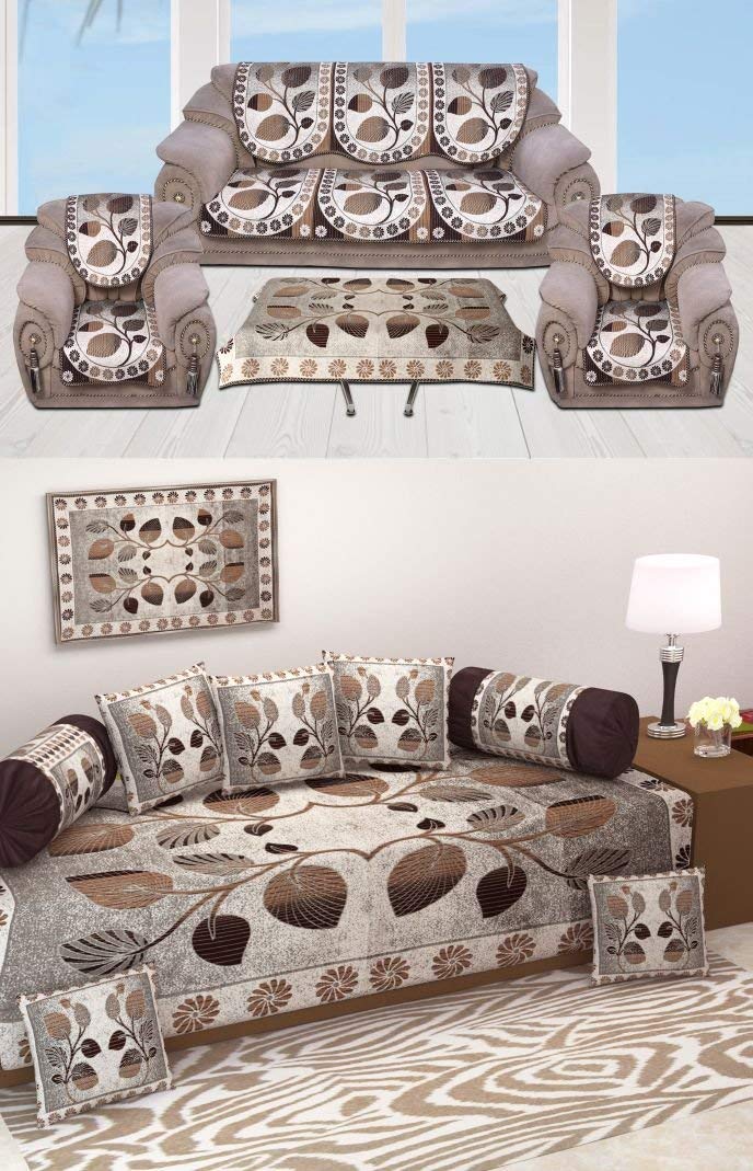 Castiqa 500TC Chenille Jute Fabric Leaves Design Combo of 8 Pieces Diwan Set Covers and 10 Pieces Sofa Covers Set with Table Cover (Brown, Standard)-image-23