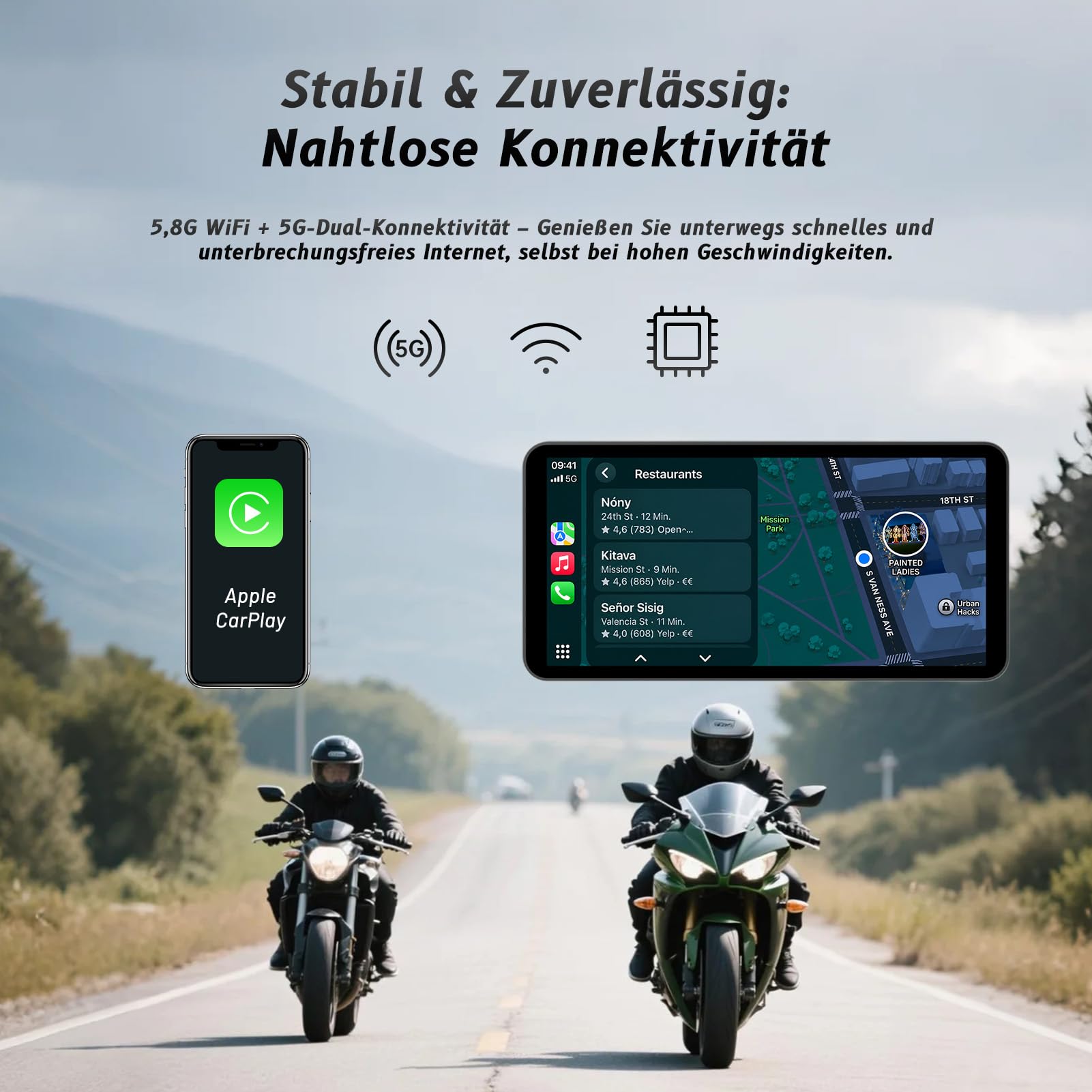 Pantalla inteligente para motocicleta de 6 pulgadas – CarPlay inalámbrico y Android Auto | Control de voz Bluetooth | IP67 impermeable | TPMS | Pantalla táctil HD | Se adapta a la mayoría de