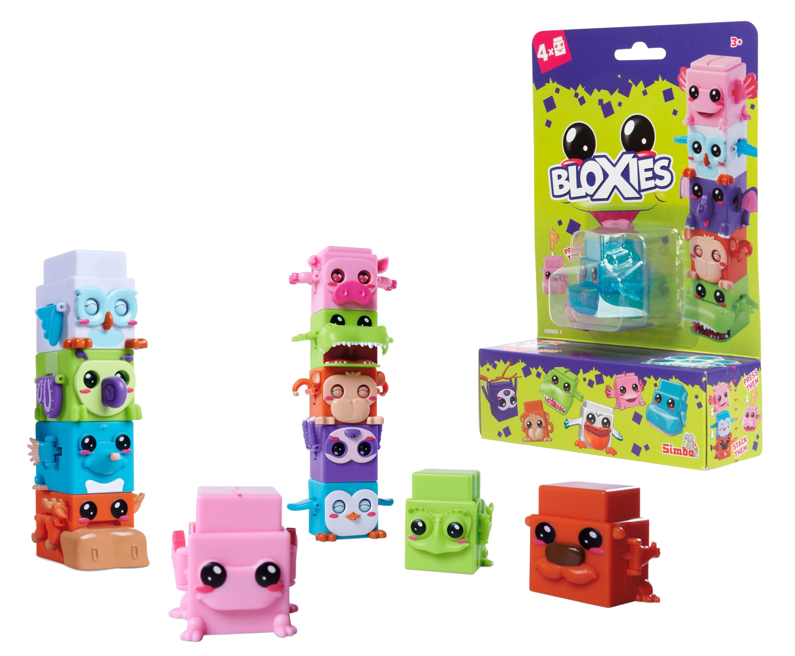 BLOXIES 4 Pack Blind Collectible - Stackable, collectable Mini Animal Friends, building blocks with moving feature, cute animal designs, fidget toy, 18 to collect, Multicolour, suitable for ages 3+