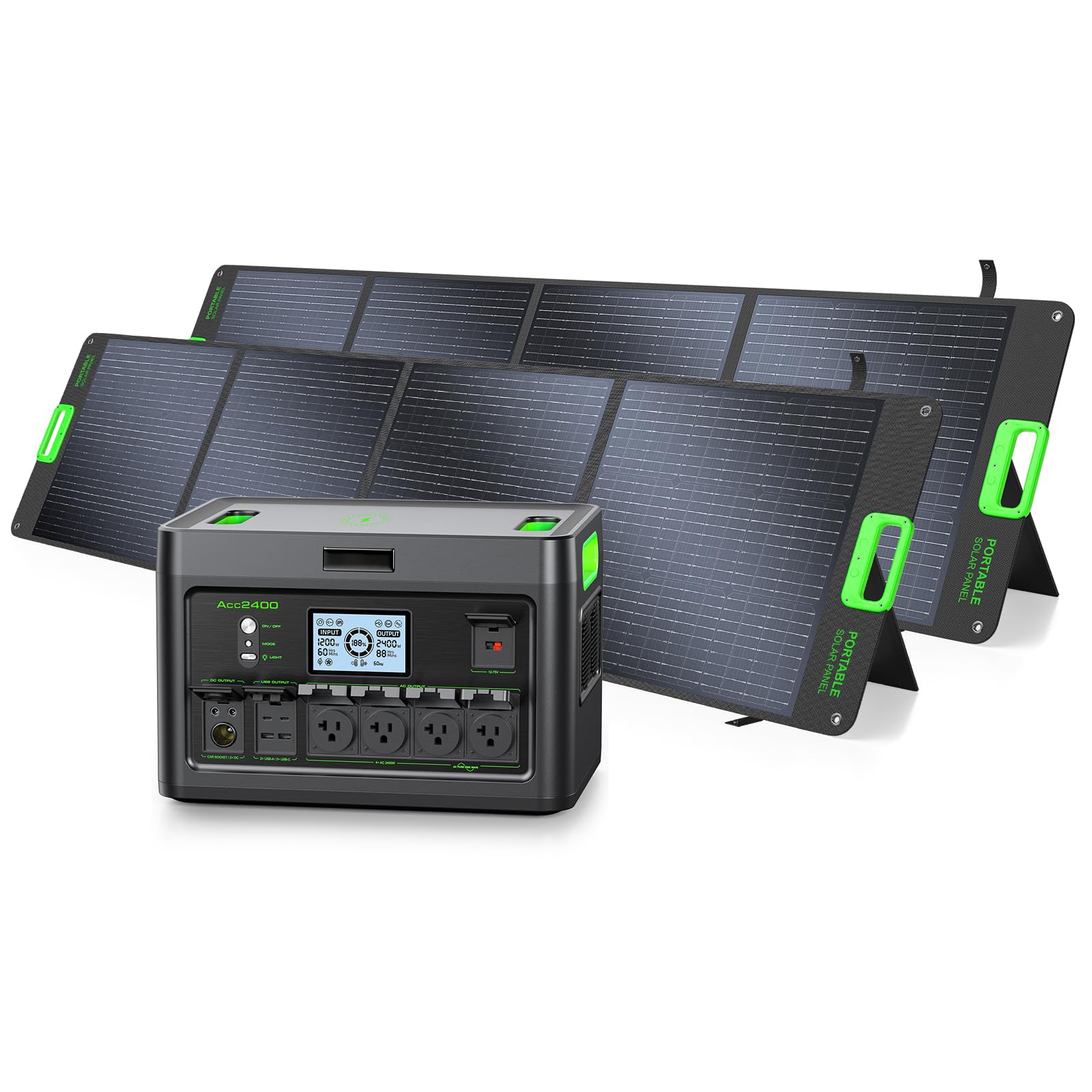 Portable 2400W Power Station + 2×200W Solar Panels Home Emergency Backup