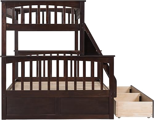 Miniatura 194 de Litera individual sobre matrimonial con cajones, escalera deslizante y almacenamiento, litera de madera con barandilla alta y escalera para niños,