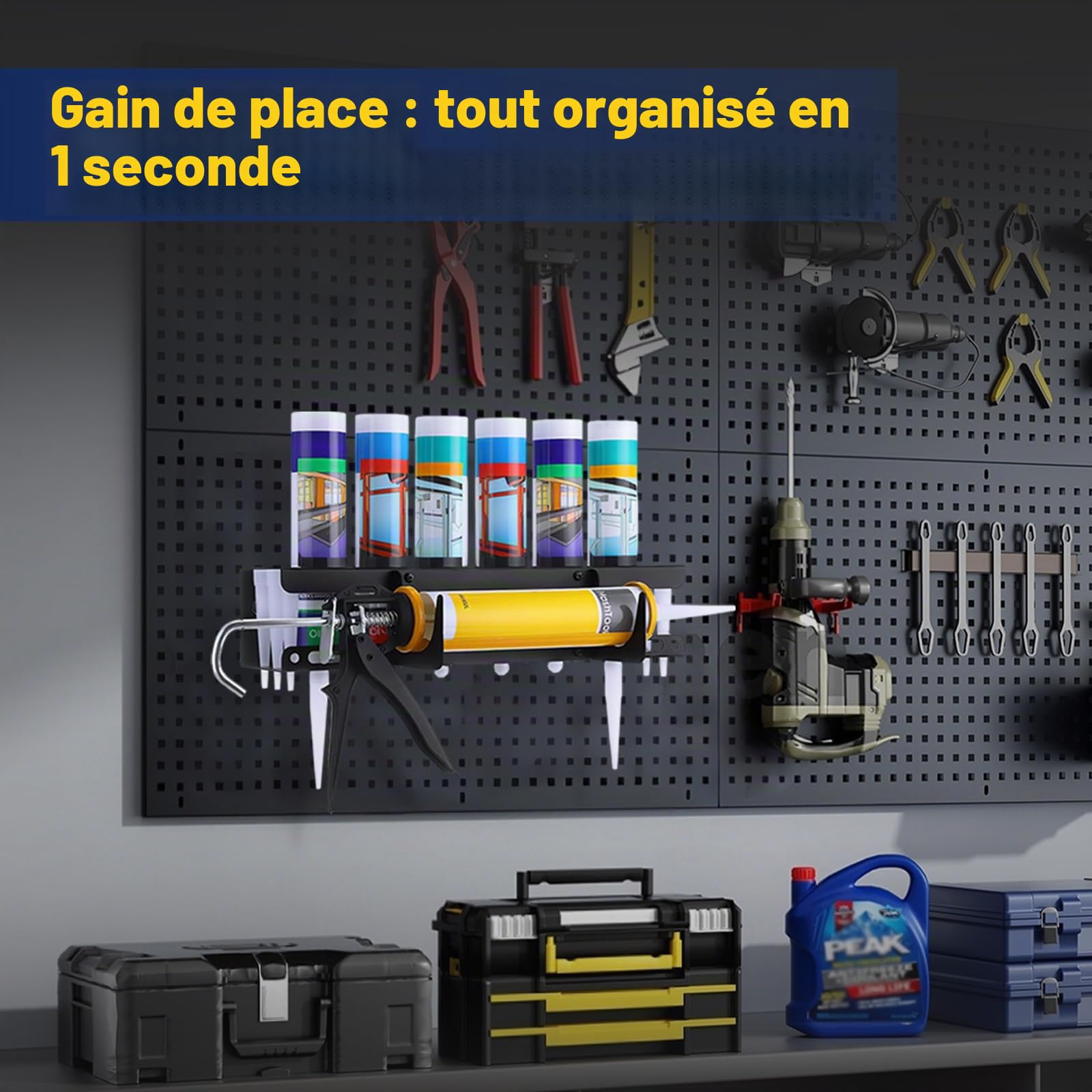 Polyvalent Support Aerosol, Support Cartouche Silicone Utilitaire, Support Mural pour Flacon Pulvérisateur, 6 Trous Pour Tubes en Silicone，Pot Rack Studio Pour Garage, Atelier et Maison