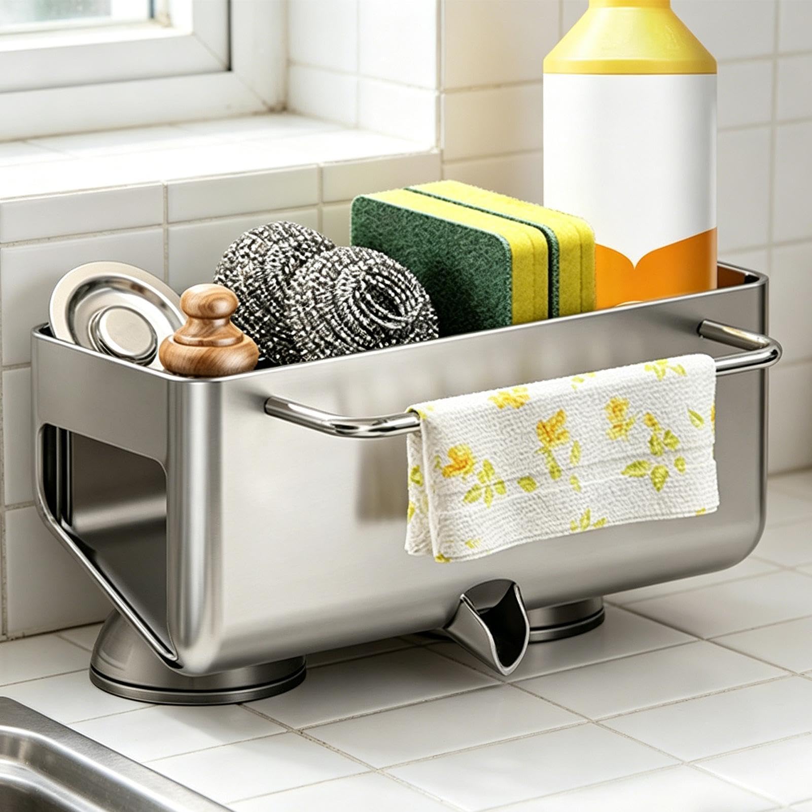 Porte-éponge pour évier de cuisine Égouttoir séchant à ventouse en acier