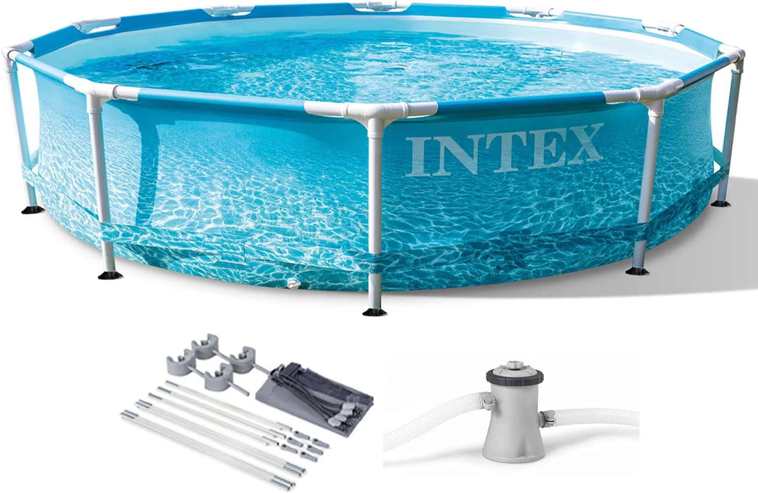 Intex 28207EH 10 Feet x 30 Inch Metal Frame Outdoor Backyard Above Ground Circular Beachside Swimming Pool with Filter Pump and Protective Canopy