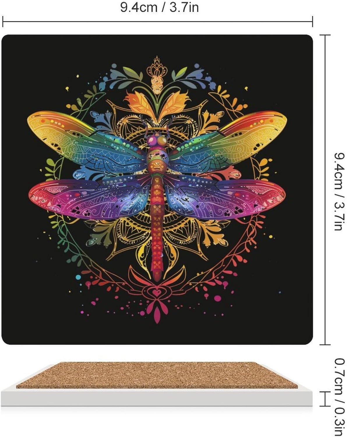 Mandala Dragonfly Chakra Dragonflies Coasters for Drinks Square Ceramic Coasters Cup Mats with Cork Base