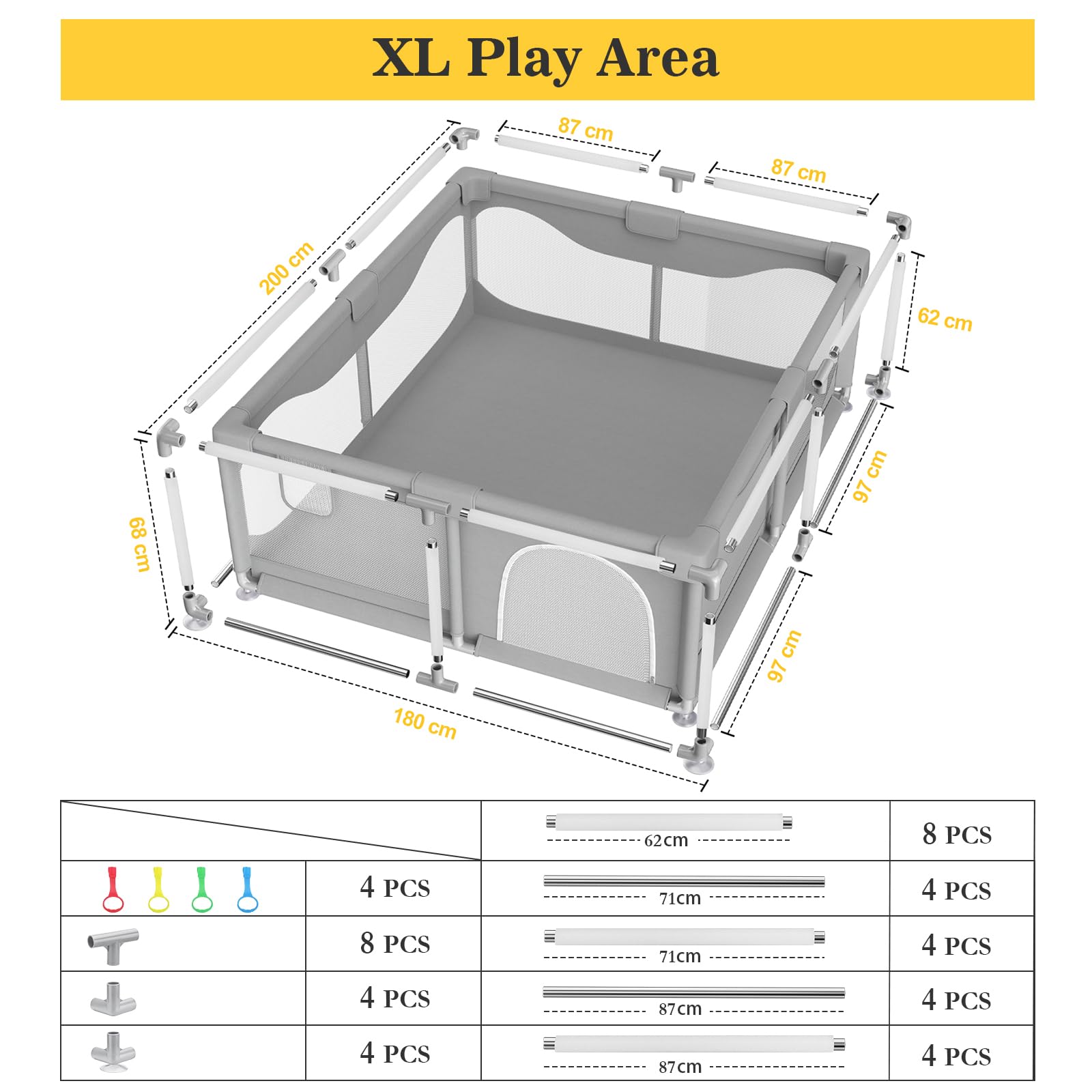 Box Bambini 200 x 180 x 68 cm, Recinto per Bambini Grande con Base a Ventosa, Tessuto Oxford 300D, Facile da Montare e da Pulire, Box Neonato - Senza Tappeto & Palline, Grigio