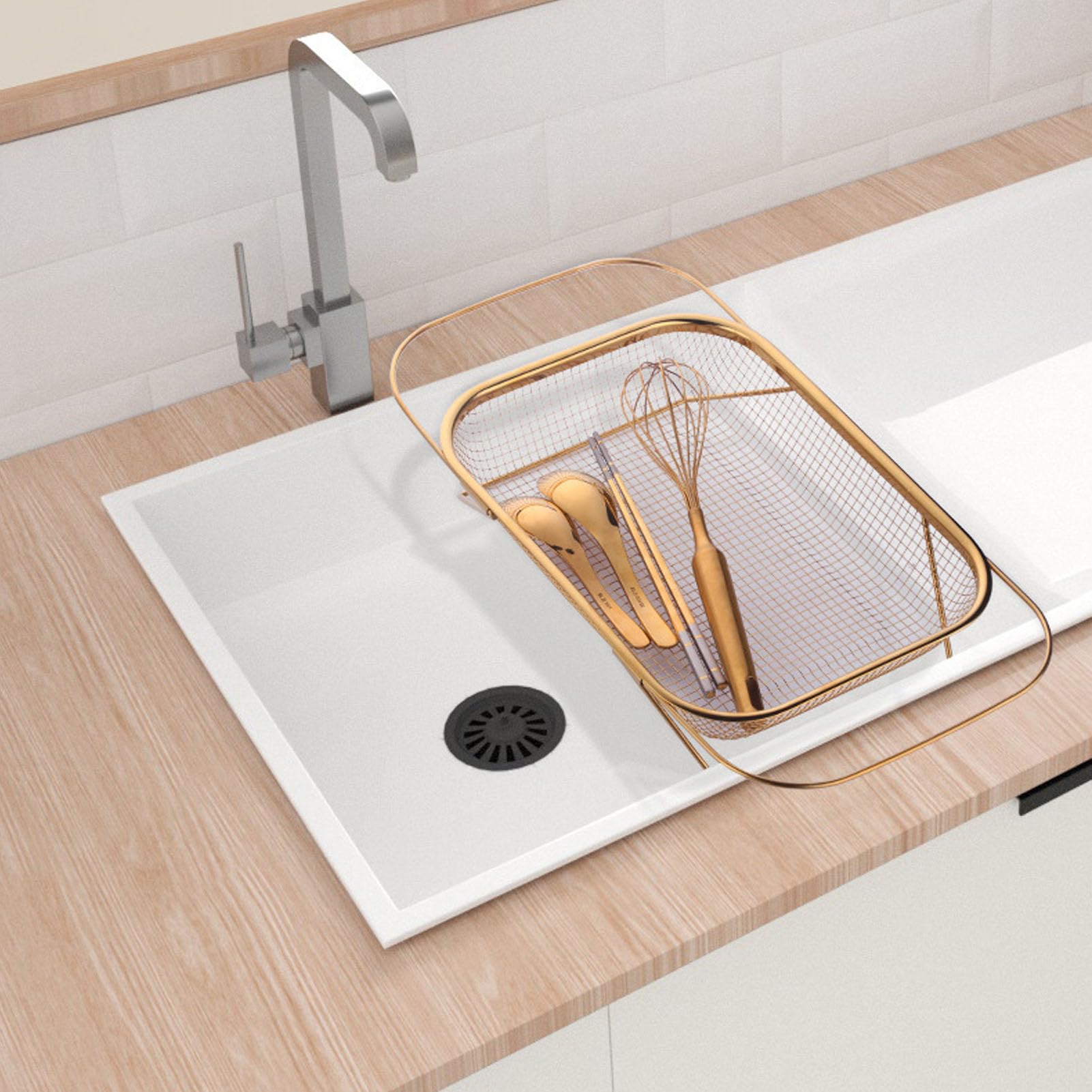 Over Sink Colander, Stainless Steel Sink Drain Strainer Basket with Handles Fine Mesh Expandable Rectangle Mesh Strainer for Kitchen (Rose Gold)