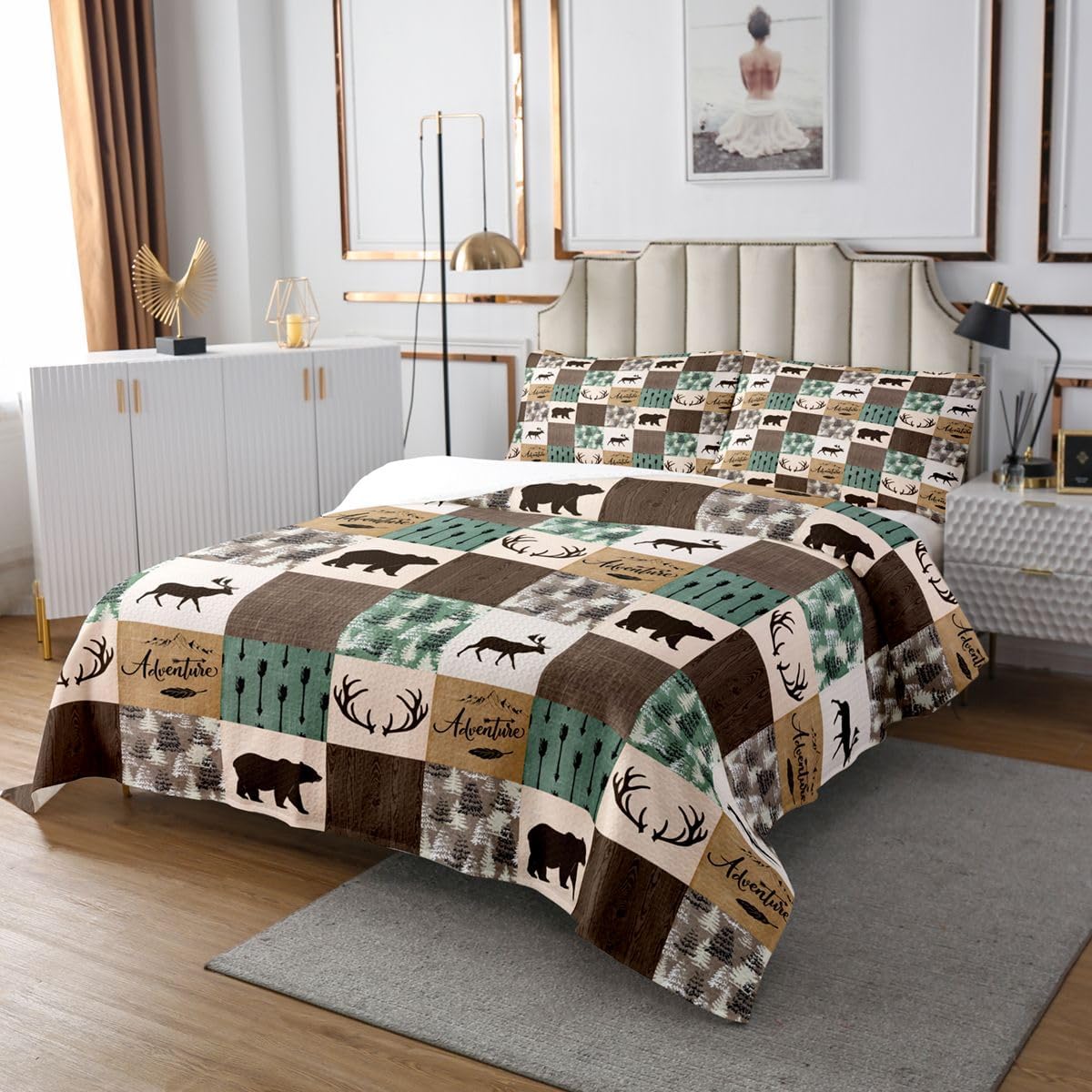 Rustic Patchwork Quilted, Bear Moose Bedspread King For Kids Boys Teens Adult, Farmhouse Hunting Deer Bedspread Quilt Set Boho Arrows Buffalo Plaid Coverlet Set With 2 Pillow Cases, Brown Green