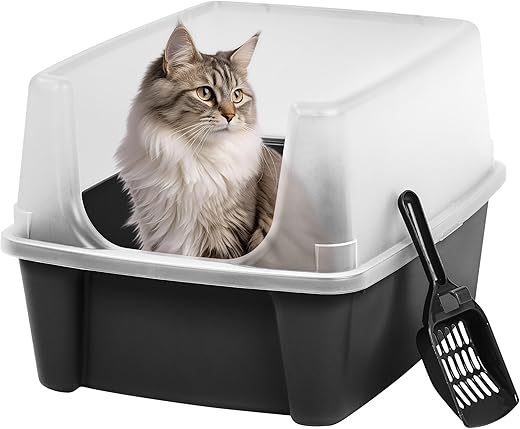 IRIS USA Open Top Cat Litter Tray with Scoop and Scatter Shield, Sturdy Easy to Clean Open Air Kitty Litter Pan with Tall Spray and Scatter Shield, Black/Clear