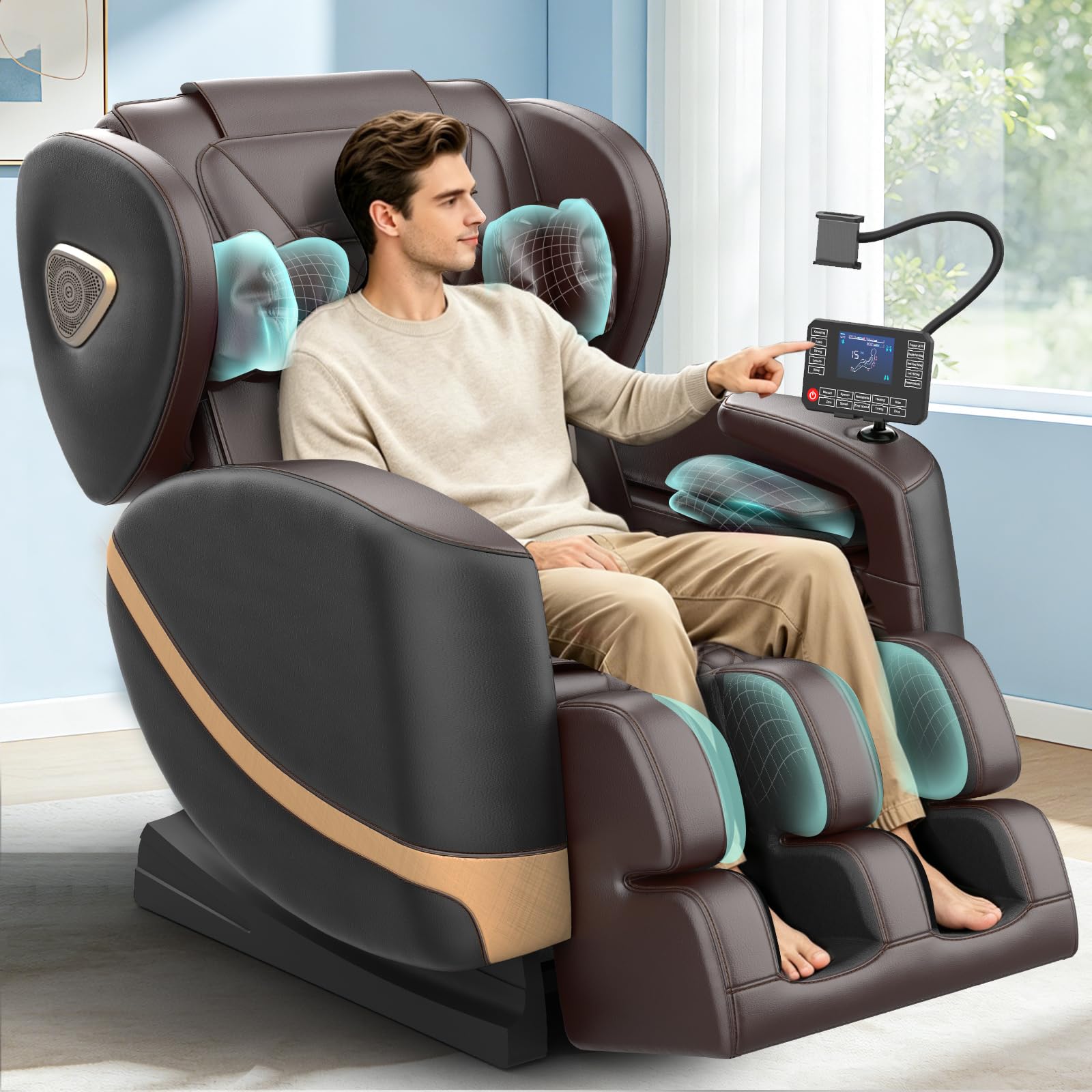 Poltrona Massaggiante per Tutto il Corpo con Rulli e Airbag, Funzione Zero Gravity, Altoparlanti Bluetooth e Touchscreen, Funzione Riscaldante per Vita e Gambe, con Massaggio Plantare (Nero + Marrone)