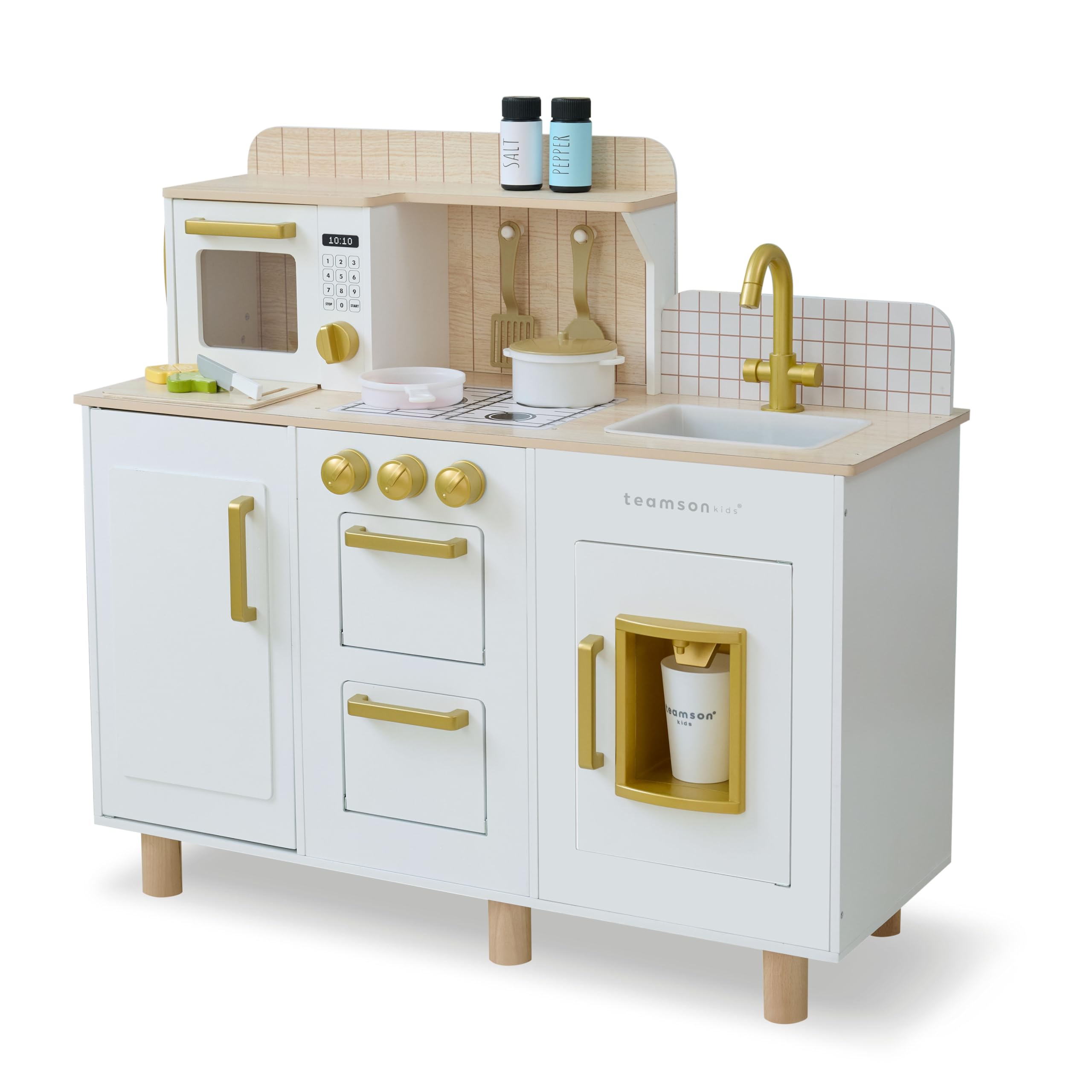 Teamson Kids Little Chef Hampton Interactive Play Kitchen with Ice Dispenser, Sink, Microwave, Storage &amp; 17 Pcs Accessories Included for Kids 3+ Years, White