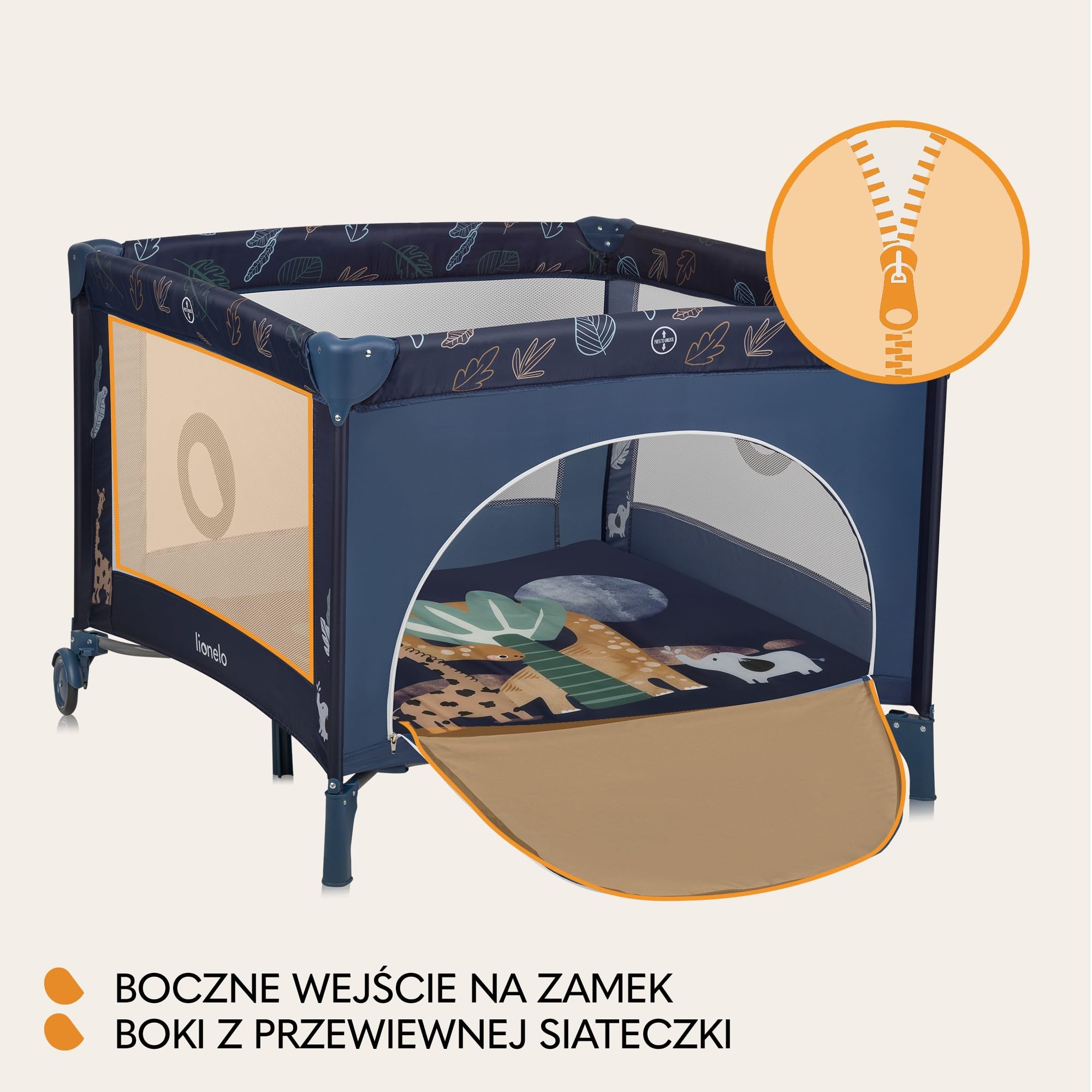 LIONELO BONNIE Kojec dziecięcy do 15 kg, od Urodzenia do 36 miesięcy Boczne Wejście na Zamek, Boki z Przewiewnej Siatki, Szybkie Składanie, Koła z Hamulcem, Torba do Przenoszenia (Niebieski)