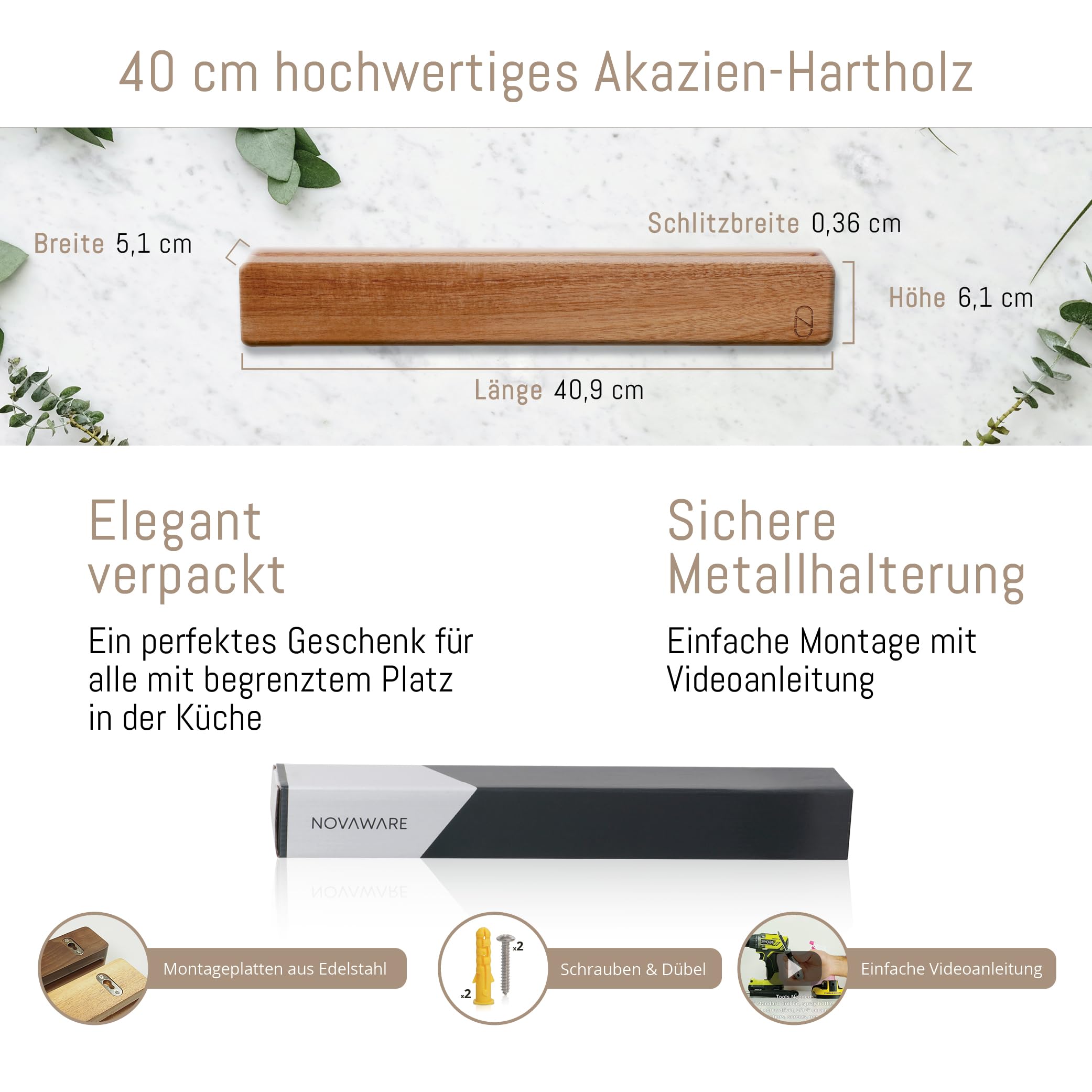 Prämie 41 cm Magnetleiste für Messer, Wand Messerhalter Magnetisch mit Doppelhalterung aus Edlem Holz - Messer Magnetleiste, Magnet Messerhalter, Messerleiste Magnetisch Holz, Messermagnet
