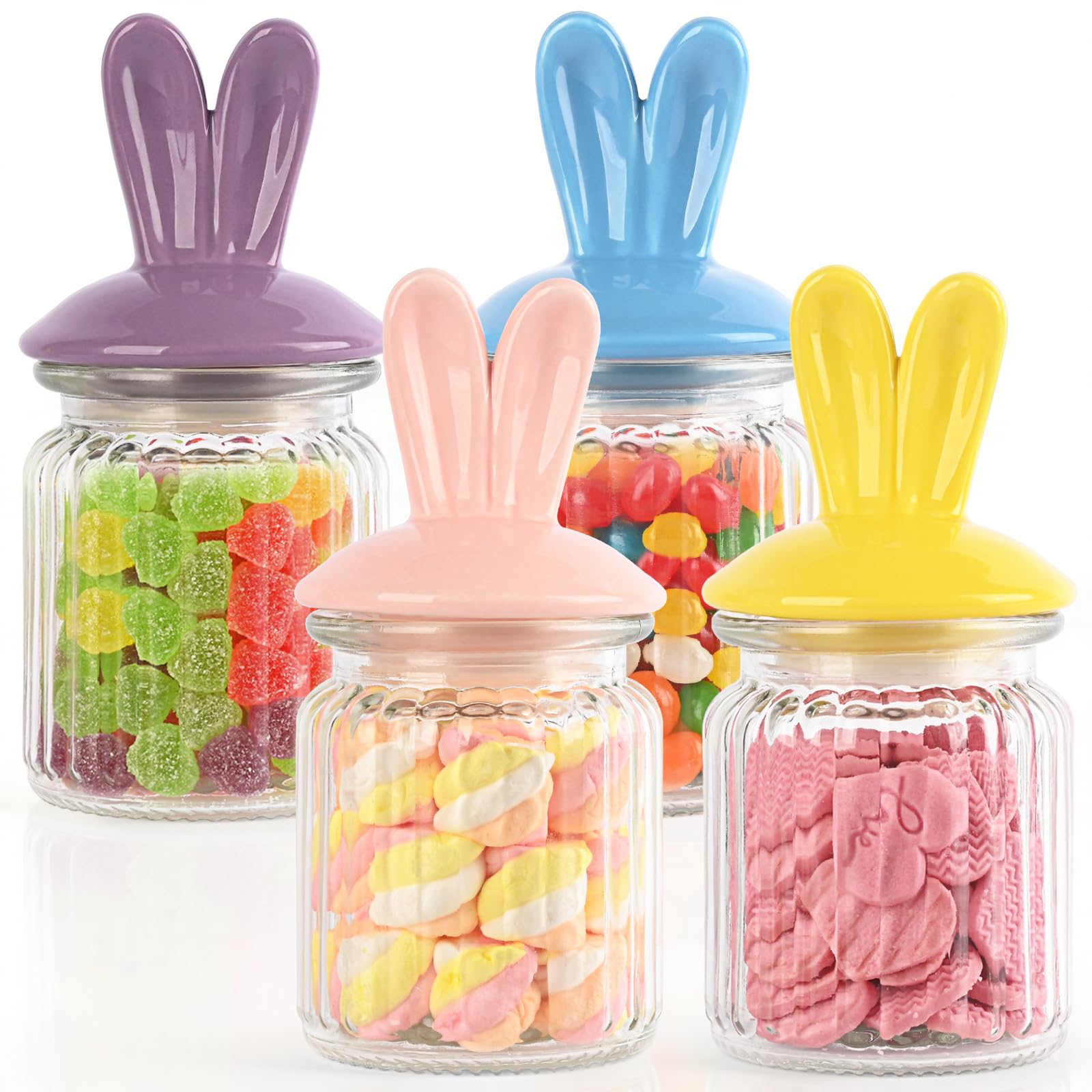 Photo 1 of Easter Candy Dish – 4 Pack Glass Bunny Candy Jars with Ceramic Bunny Ear Lids, 250ml Easter Cookie Jar for Mini Eggs and Easter Table Decor