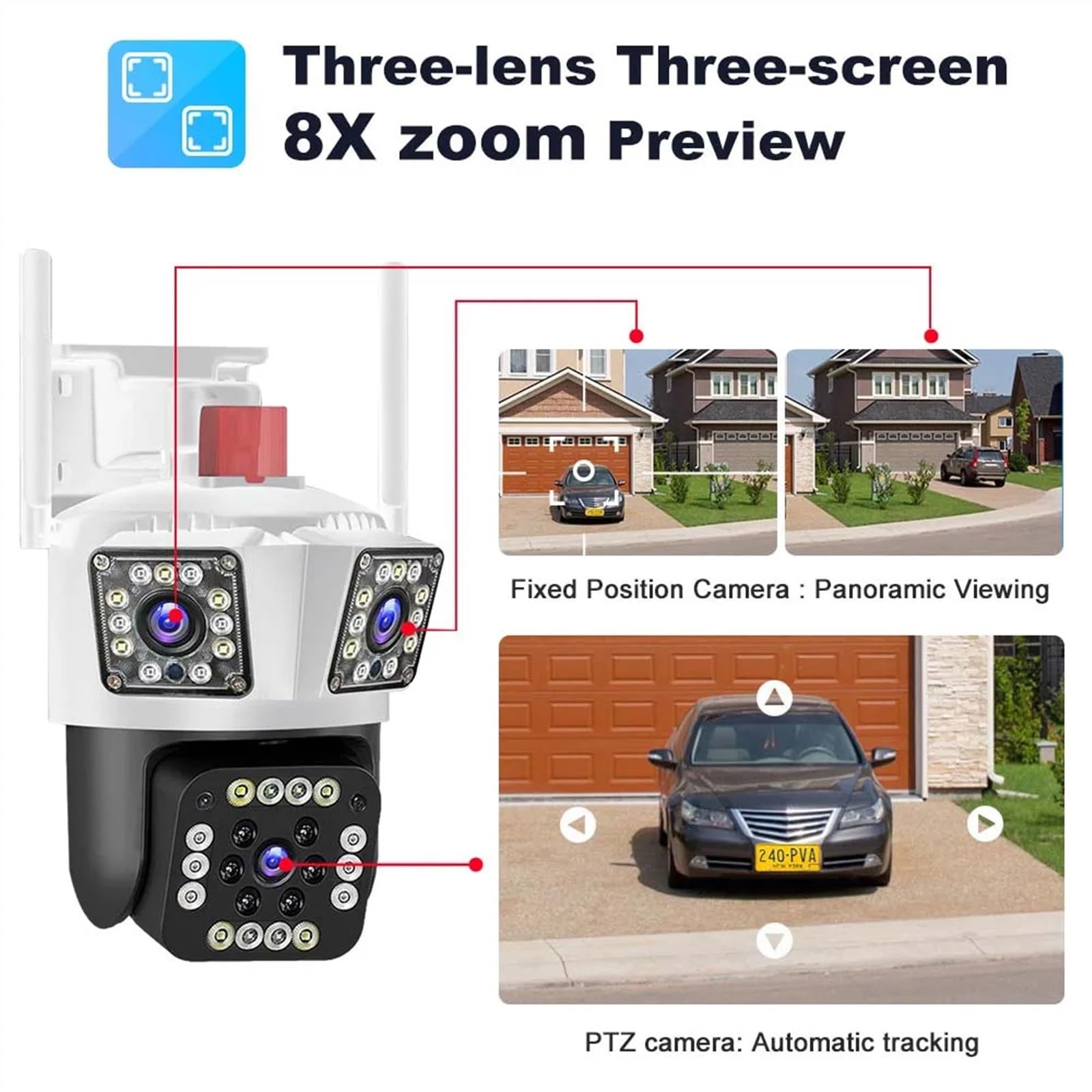 IP Camera 12MP 6K Three Lens 8X Zoom Surveillance Camera AI Tracking Security Protection Outdoor Security Camera CCTV Cam(6K 12MP Camera)