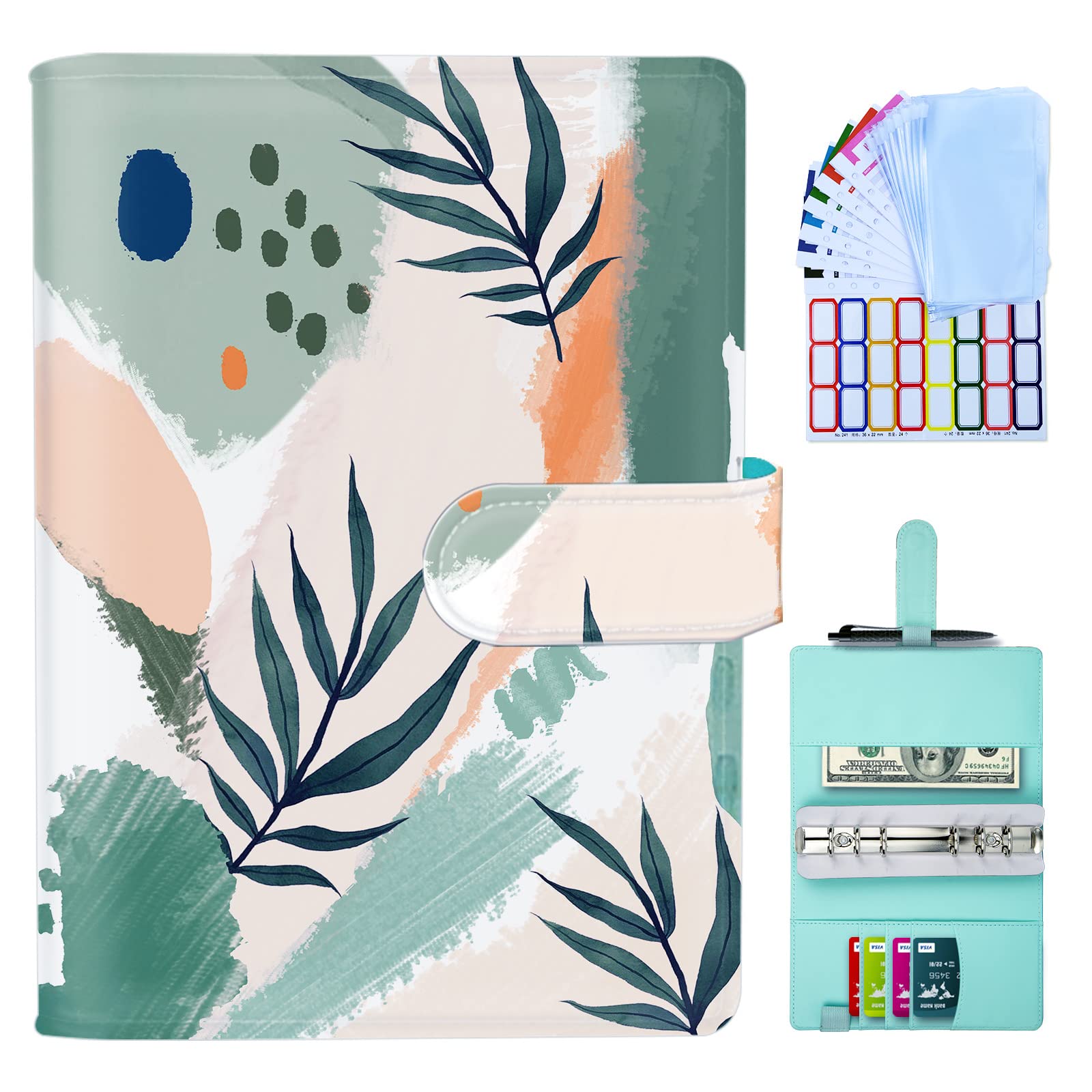 Budget Binder with Zipper Envelopes, Money Organizer for Cash, PU Leather A6 Binder with Cash envelopes for Money Saving and Organizer,Cash Envelopes for Budgeting,Budget Planner Book-Abstract Leaves