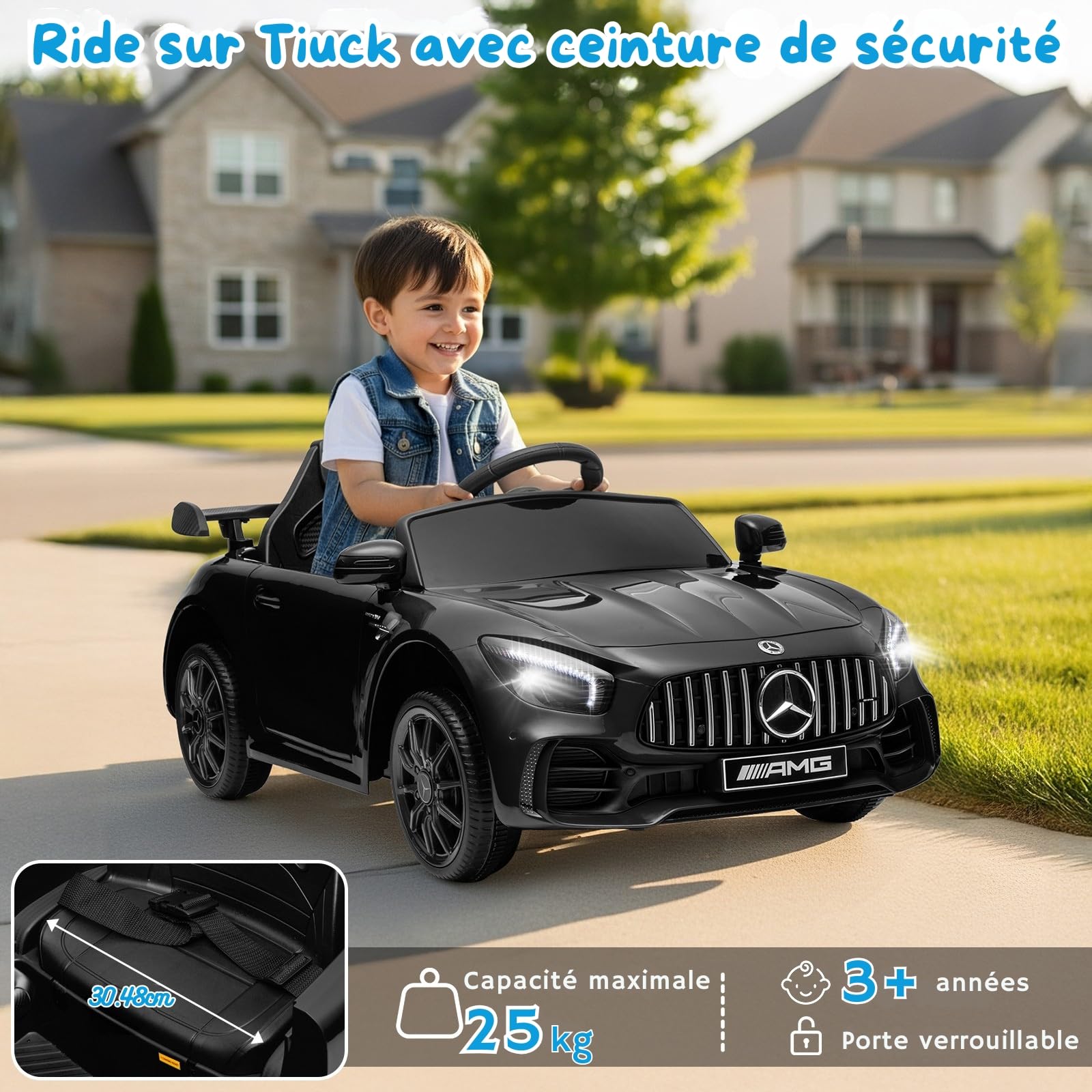 LALAHO Voiture électrique pour Enfants Mercedes GTR，Véhicule Electrique Enfant 3 à 6 Ans avec Télécommande 2.4G，2 Portes avec MP3 (Noir)