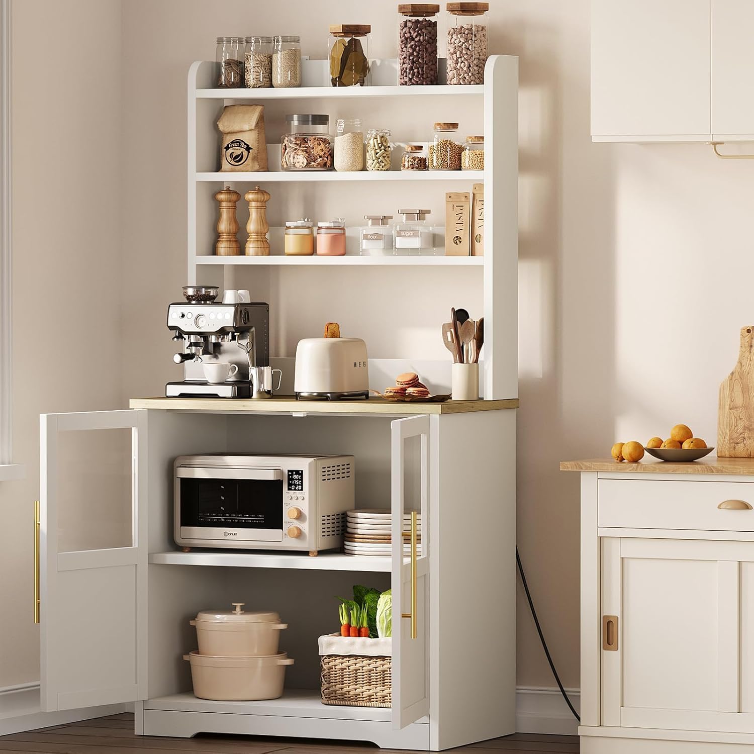TrailBlaze Microwave Stand Bakers Rack with Power Outlet, Freestanding 6-Tier Kitchen Pantry Hutch Tall with Door & Storage Shelves, Thickened Counter, Coffee Bar Station for Living Room, Rustic Gray