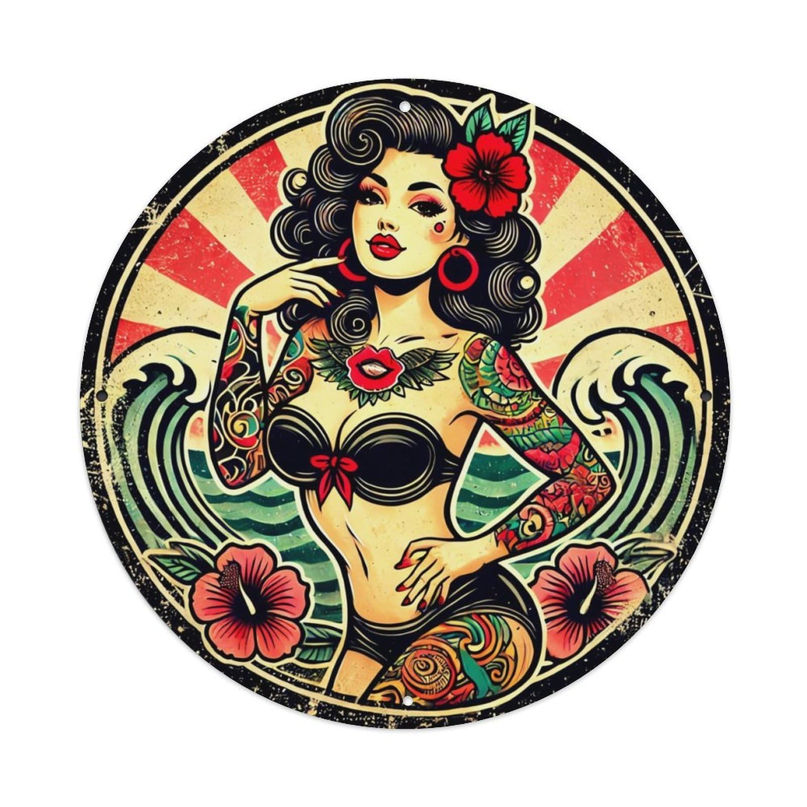 Tattooed Woman With Flowers And Waves Vintage Round Tin Sign Retro Metal Wall Decor Metal Poster, Home Bar Garage Cafe Wall Art Decoration 8x8Inches