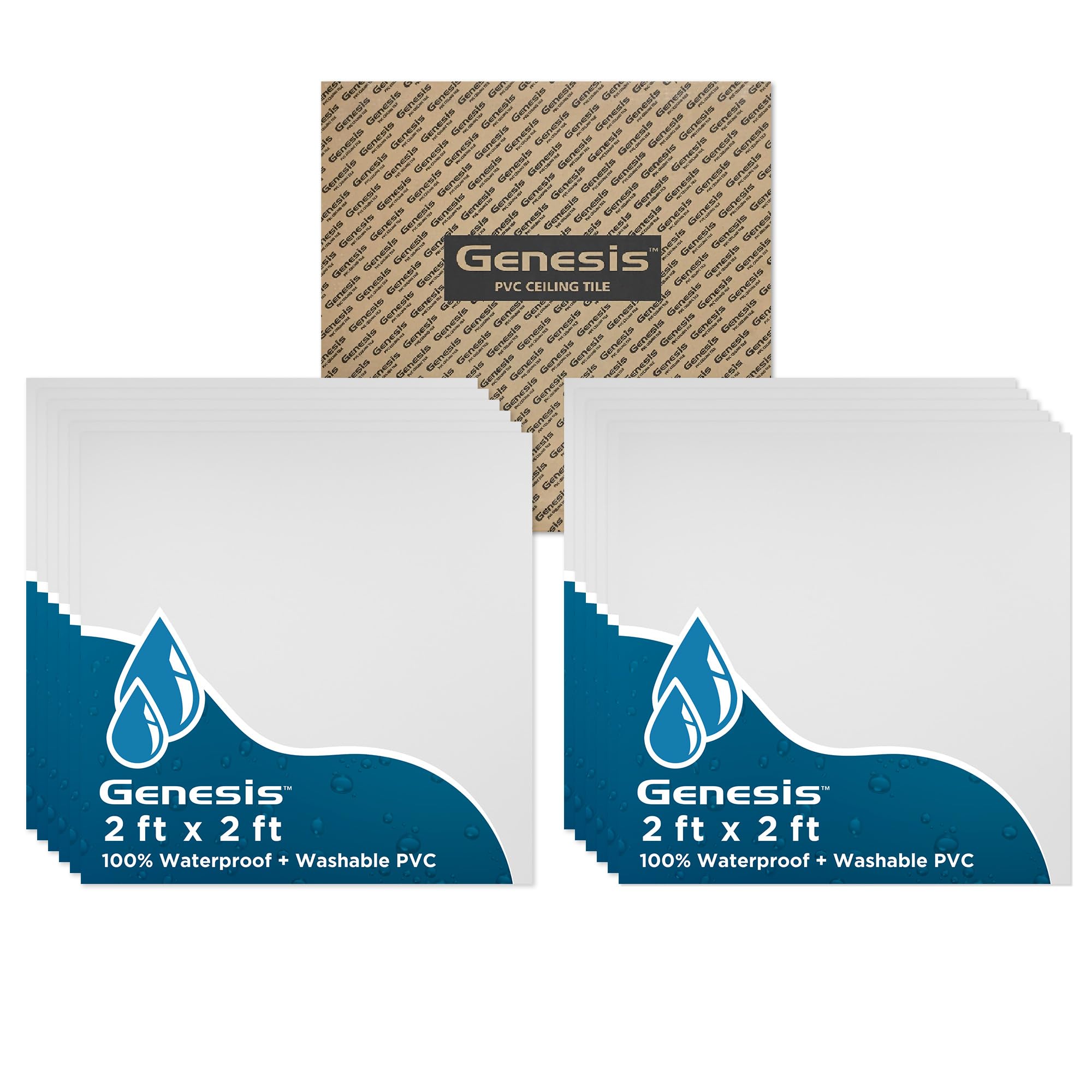 2ft x 2ft Smooth Pro White Ceiling Tiles - Easy Drop-in Installation – Waterproof, Washable and Fire-Rated - High-Grade PVC to Prevent Breakage - Package of 12 Tiles