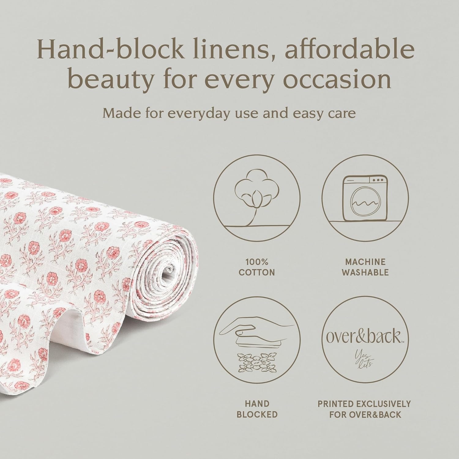 Over&Back 18x108 Hand-Blocked Printed Cotton Table Runner - Washable Table Runners for a Custom Home Decor Tablescape - Perfect for Coffee Table, Dinner Table, Living Room, and More - Pink Bloom