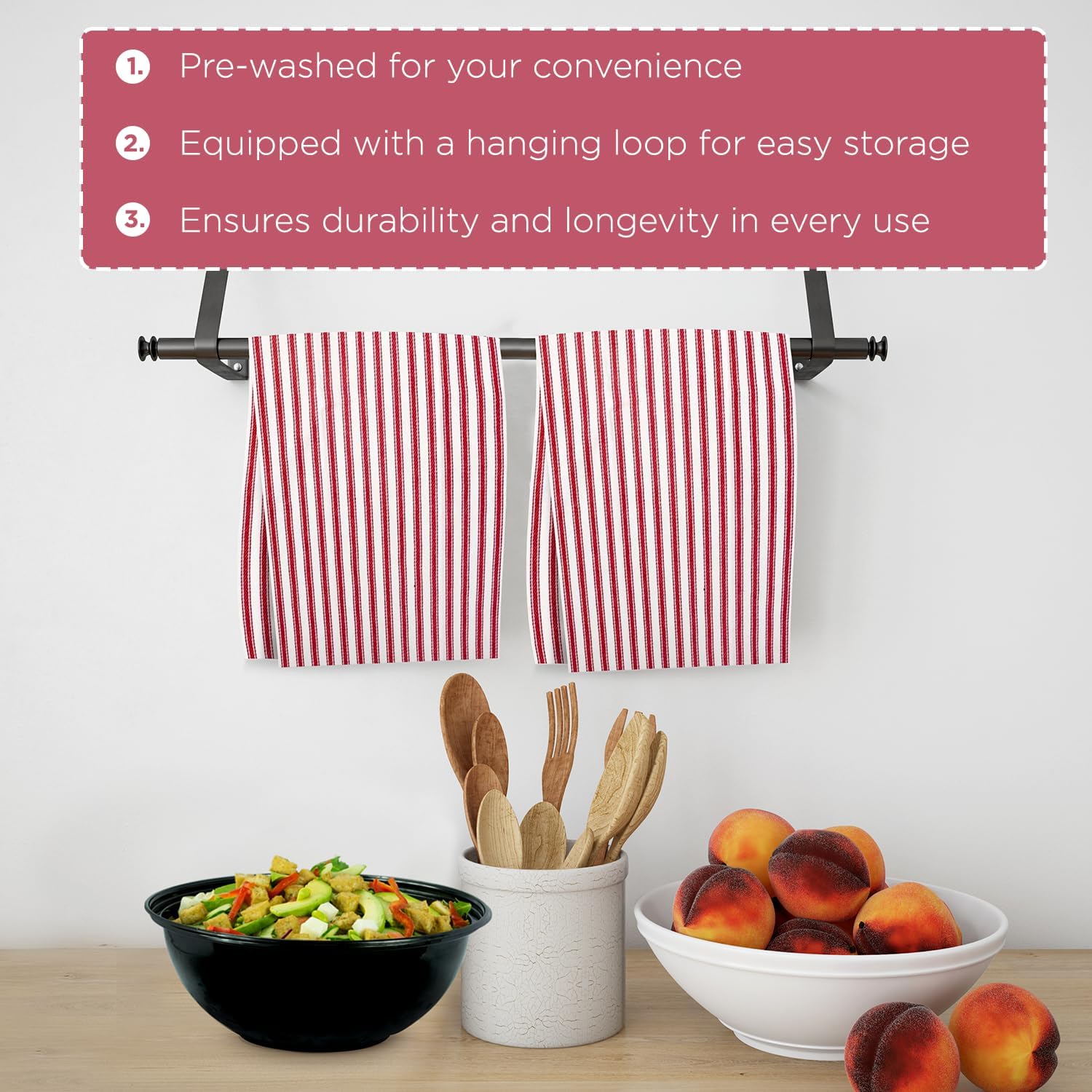 Stripe Kitchen Dish Towels With Hanging Loop - Boho Absorbent Festive Gift Set of 6 - Reusable 18x28 Inch Pantry Decor - Trendy Spring French Red - Image 5