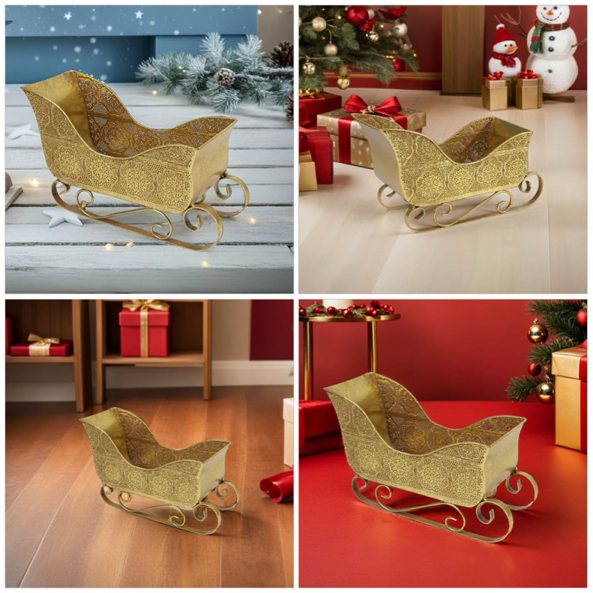 Kichvoe Trineo Decorativo Navideño de Hierro Dorado para Centro de Mesa