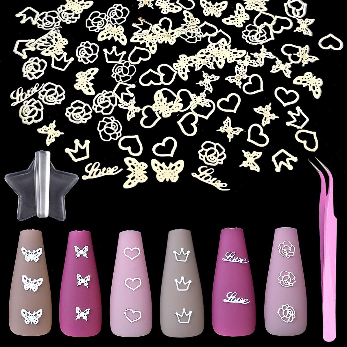 Seyafan 600pcs Silver Heart 3D Nail Charms Butterfly Thin Metal Nail Studs Decals Metallic Nail Art Stickers Sequins for Women Girls DIY Nail Decorations Accessories with Tweezers Embossed Mold : Beauty & Personal Care