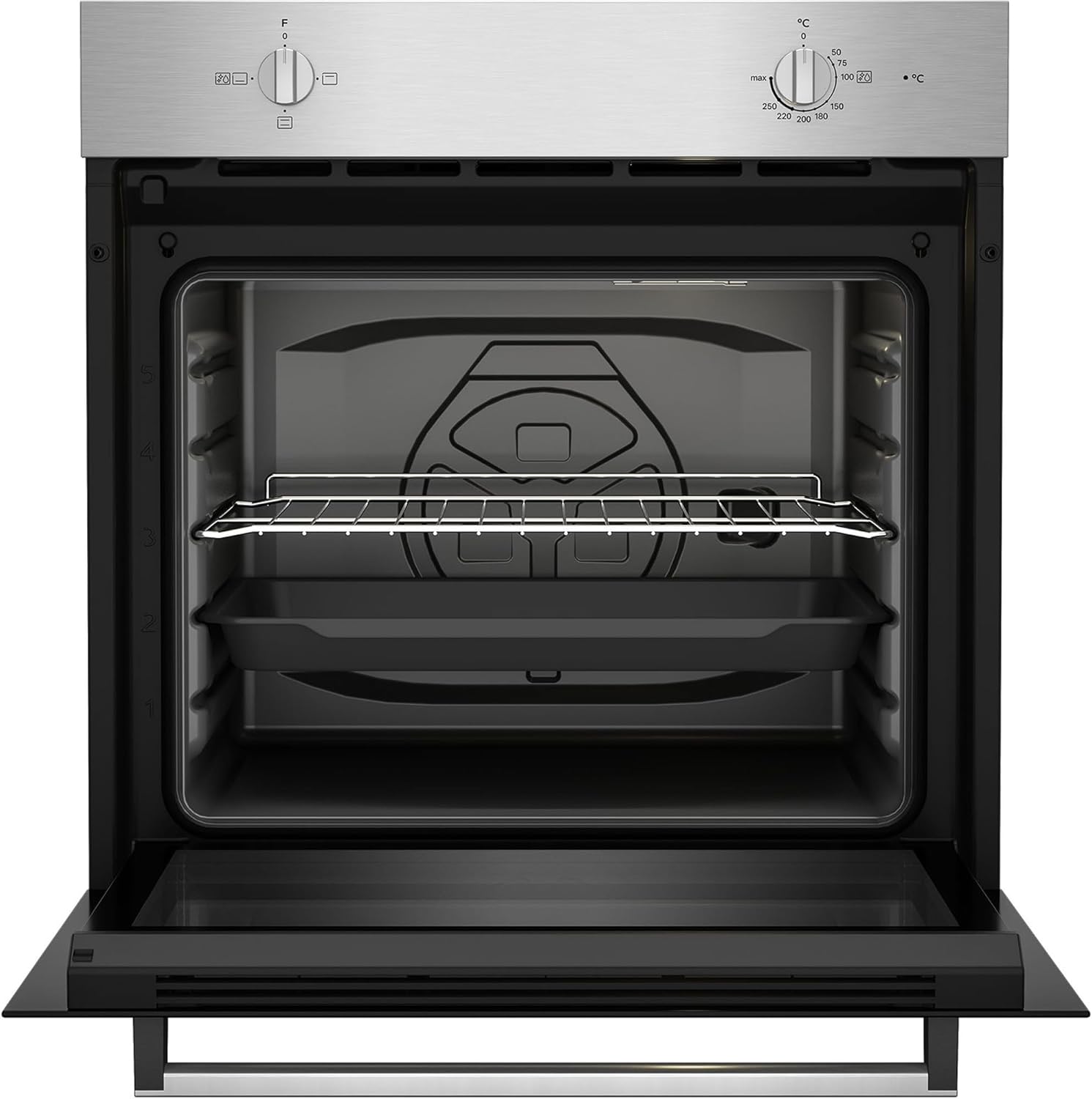 Indesit IB 22RE X oven interior with door open, showing grid and tray