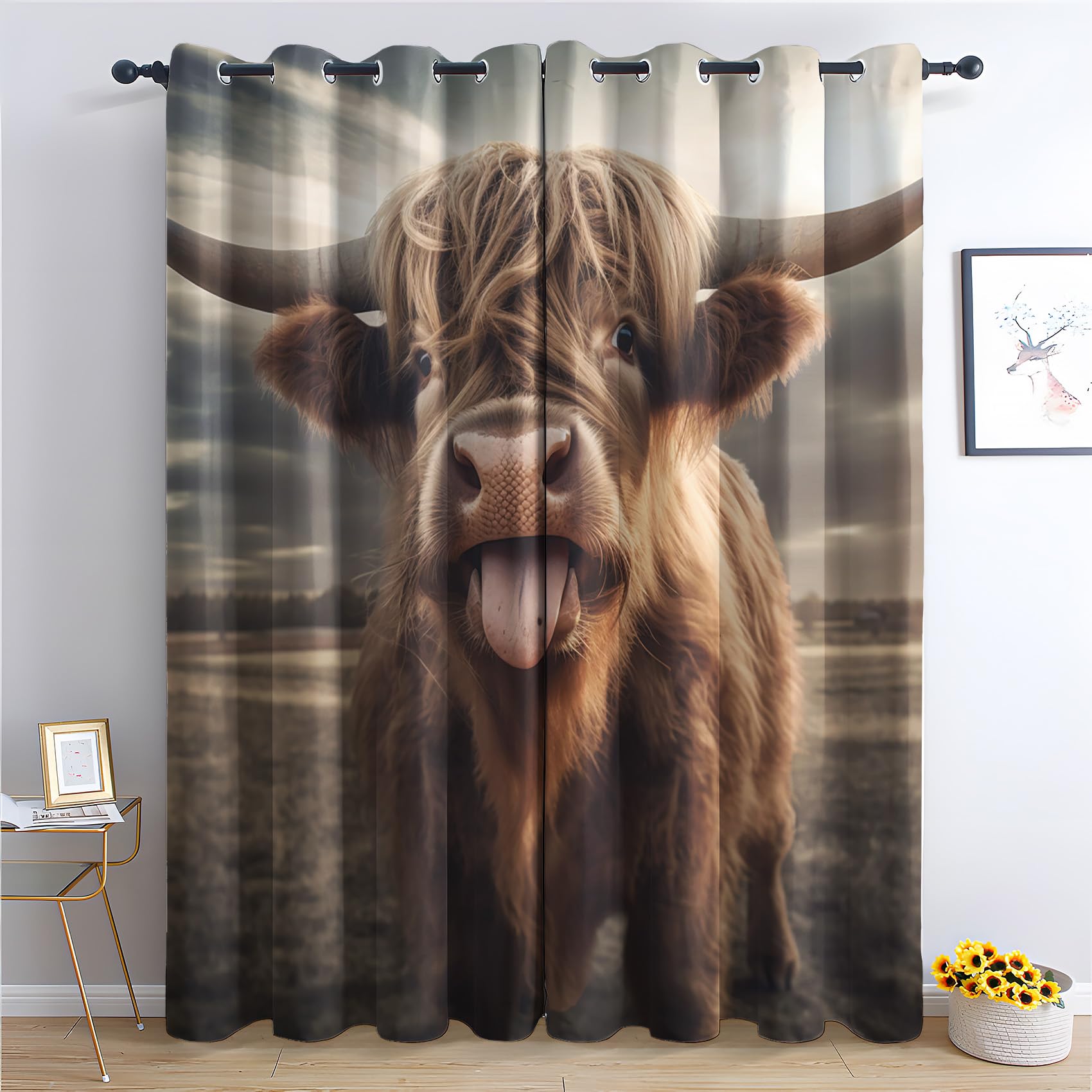 QEODAH Highland Cow Blackout Curtains for Bedroom - Farm Animal Western Wild Animal Living Room Curtains 66x90 Eyelet - Soft Thermal Insulated Patterned Drapes for Windows - 2 Panels