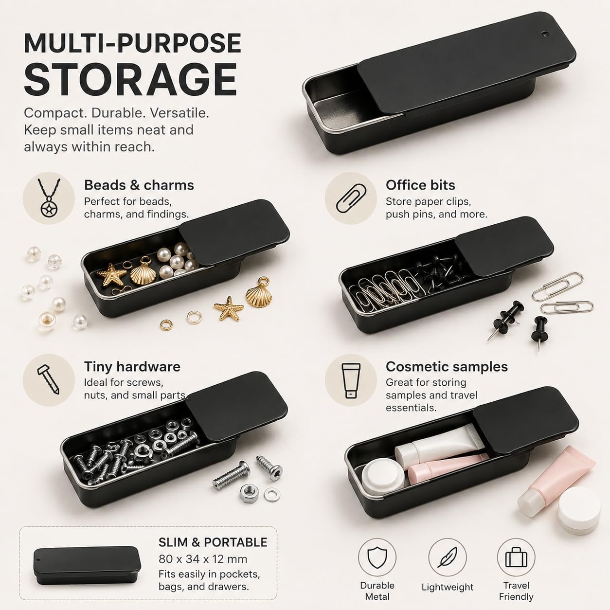 Mini Rectangular Tin Containers with Slide Top, Portable Metal Storage Box for DIY Crafts, Cosmetic Organizer,Candies Crafts Pills Survival 3.15 x 1.34 x 0.39 inches