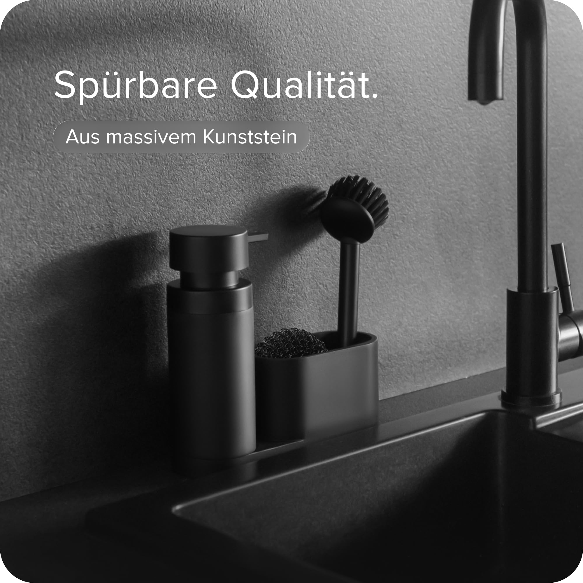 blackswedenhome. Design Spülbecken Organizer mit entnehmbaren Spülmittelspender Spülbürste und Schwamm - Küchenorganizer - Spüle Organizer aus Kunststein Sink Spül Set Seifenspender schwarz matt