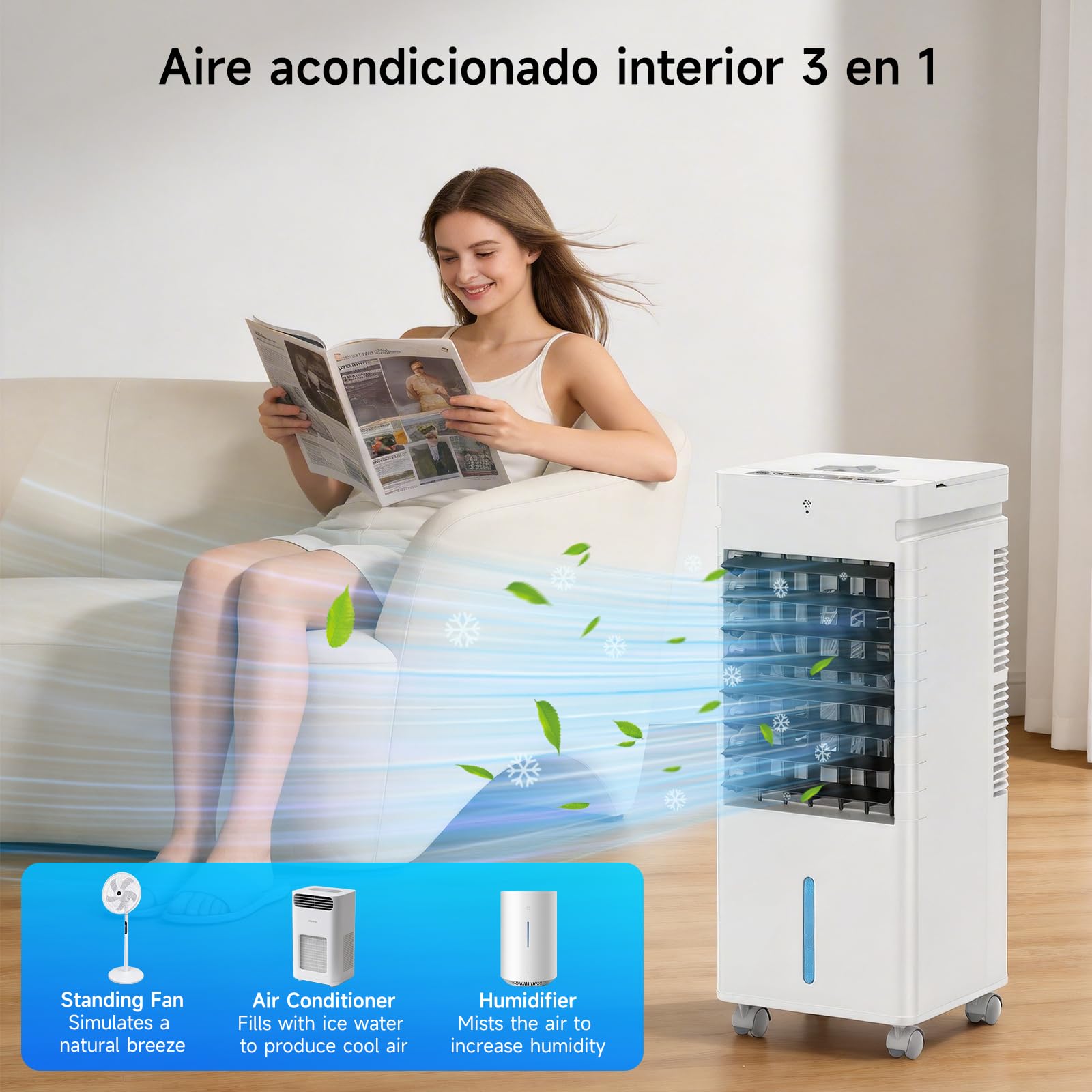 Aire Acondicionado Portátil y Mando,12 L Enfriador Evaporativo 4 en 1, 8 Compartimentos para hielo, 3 Velocidades, 120°Oscilación, Temporizador, Ventilador de Refrigeración para Casa, Oficina, Veran