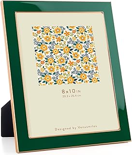 8x10 Enamel Picture Frame, Gold Metal Edge with Easel, Real Glass Photo Frame for Wall and Tabletop Display Family Office Photo Gallery, Green Enamel/1pc