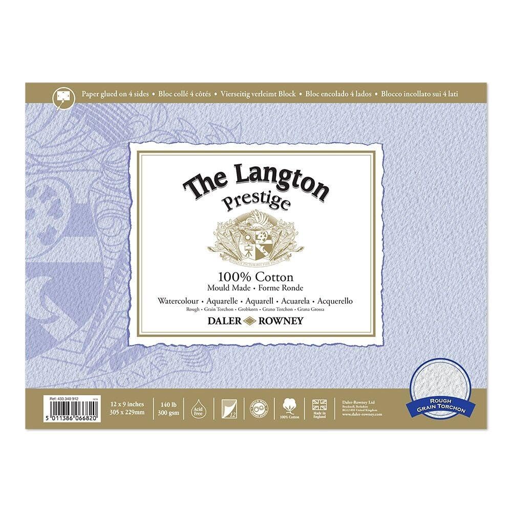 Daler-Rowney The Langton Prestige Watercolour Paper, Rough, 300 gsm, 140lb, Pad, Glued 4 Sides, 12 x 9in - 30.5 x 22.9 cm, Natural White, 12 Sheets