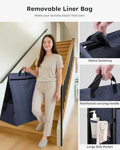 Miniatura 5 de SOLEDI Cesta doble para la ropa sucia con ruedas, 36 galones (135 litros), cesta grande de 2 secciones, marco de metal resistente con asa, carrito