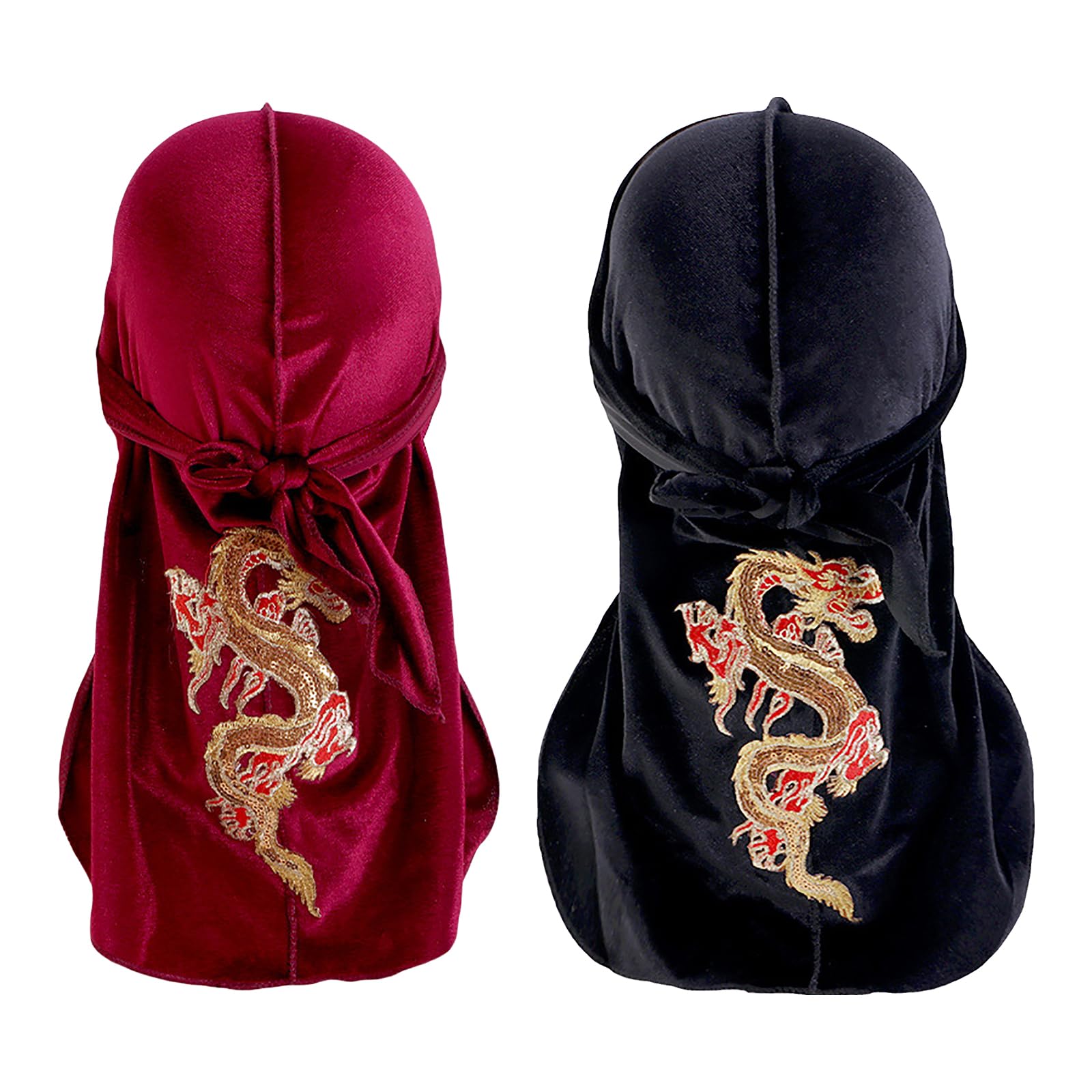 Ylucky 2PCS Long Tail Velvet Durag Hats with Dragon Pattern Pirate Wave Cap Wide Strap Bandana Doo Rag