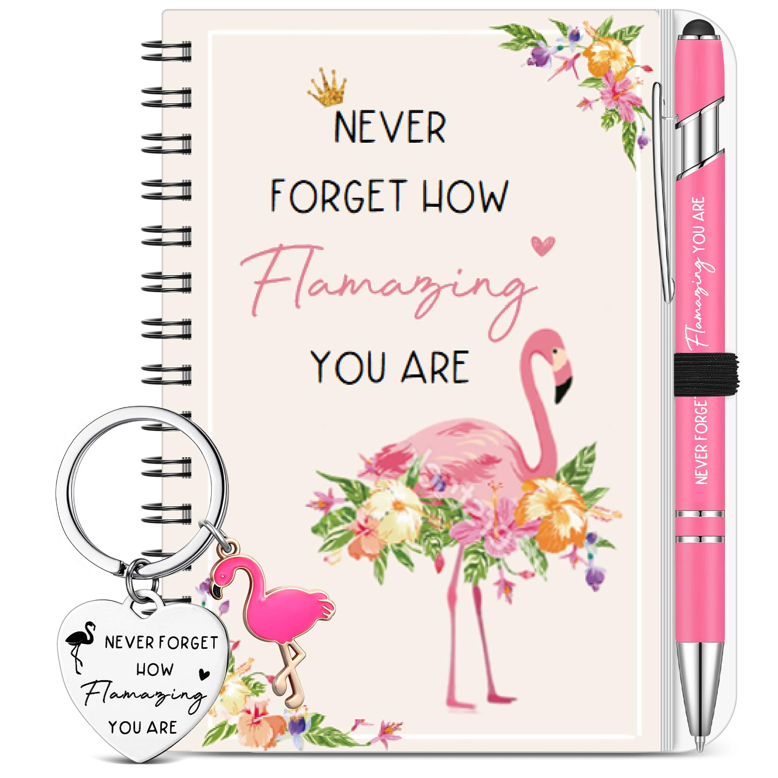 Hestya 3 Pcs Flamingo Gift Set for Women Included Flamingo Portable Notebook Ballpoint Keychain Positive Gift for Birthday Graduaition Party