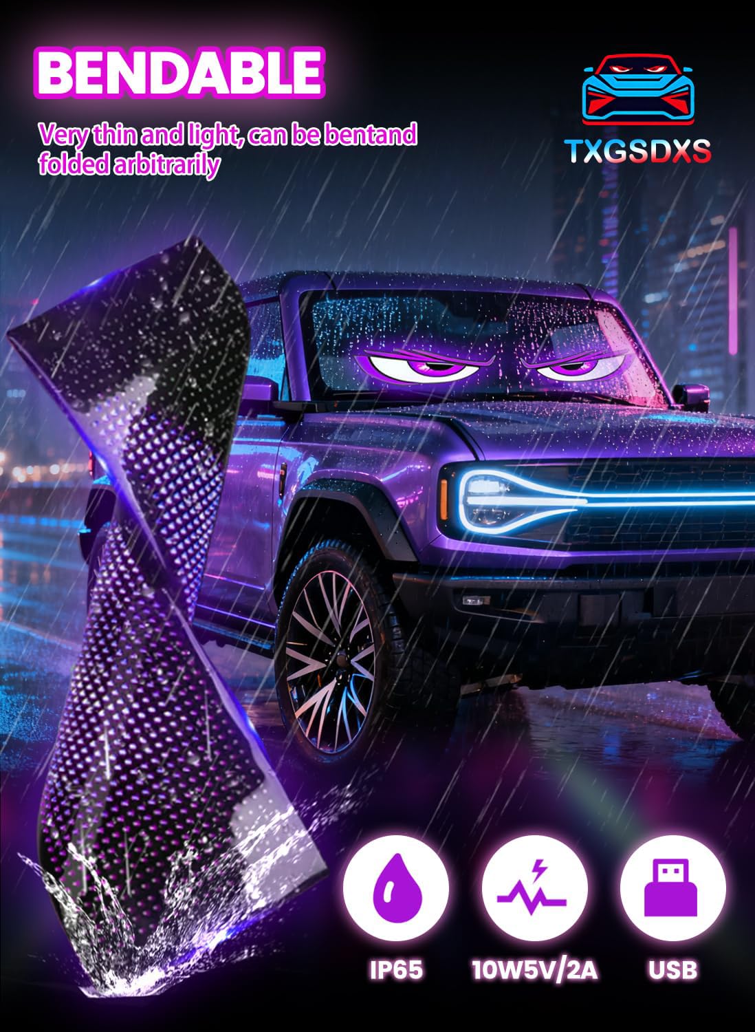 2 Pièces 9.2 * 37.4cm Yeux Led pour Camion et Voiture, Écrans LED | Pare-Brise de Voitures/Camions/Suv/Camping-Cars avec ContrôLe via Application, Texte Personnalisé, Animations et Graphiques