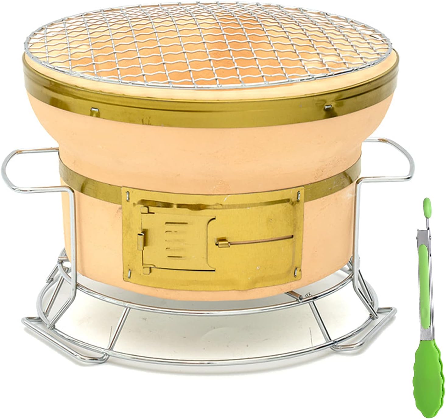 Portable Small Round Hibachi Charcoal Grill - Japanese Ceramic Clay Tabletop BBQ Cooker with Handles & Tongs