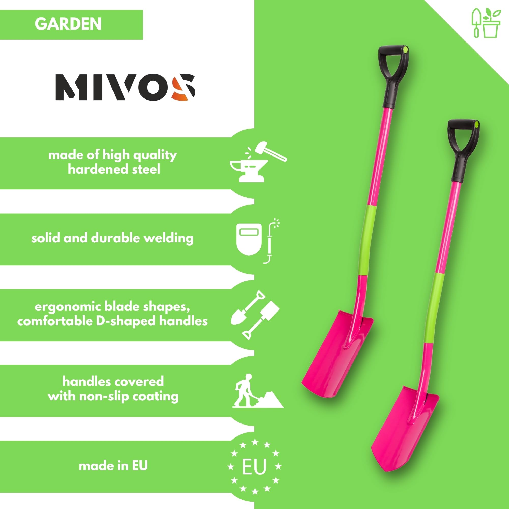Mivos 2X Gartenspaten aus Gehärtetem Borstahl 115 cm Spitzspaten Runder Spaten mit Ergonomischem Stiel D-Griff Breite Trittkante Made in EU