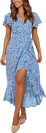 ZESICA Women's Summer Bohemian Floral Printed Wrap V Neck Beach Party Flowy Ruffle Midi Dress