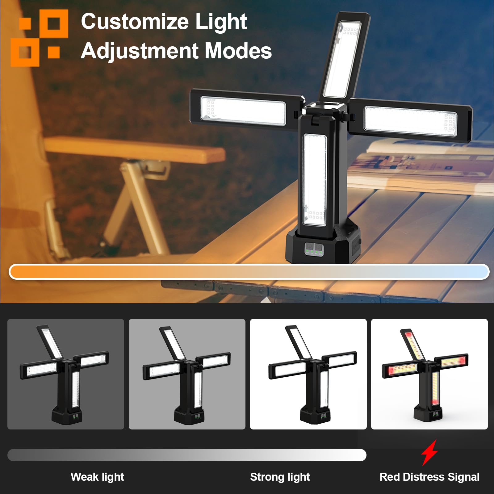 Lampada da lavoro a energia solare ricaricabile da 13200 mAh, con supporto pieghevole e borsa per il trasporto, dimmerabile continuamente, bianco/caldo/bianco naturale/rosso (SOS) con